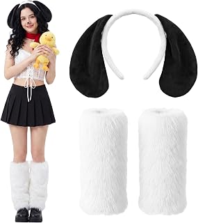 2pcs Halloween Costume Accessory | Rabbit Ear Headband, Bunny White Plush Faux Fur Leg Warmer for Women Costume Cosplay Party