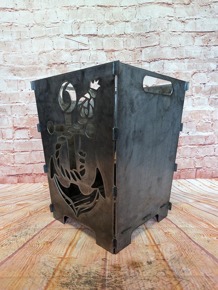 Kosz paleniskowy z motywem MARITIM – designerskie kosze ogniowe do ogrodu i na taras – stalowe palenisko, metalowe palenisko o wielkości 49 cm (kotwica)
