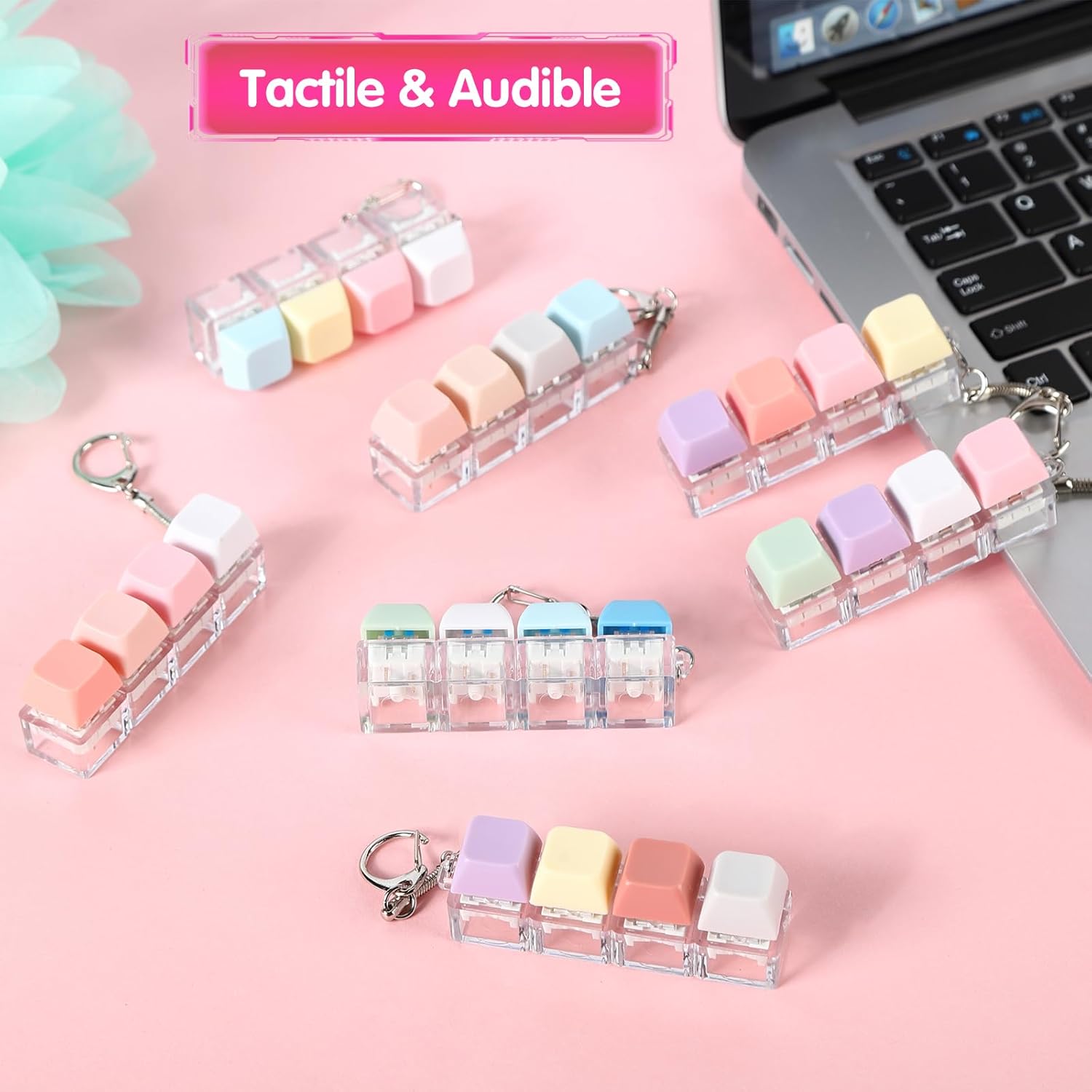 12 Pcs Keyboard Fidget Keychain Keycap Stress Relief Fidget Keyboard Clicker for Office Gifts Adults ( 4 keys )