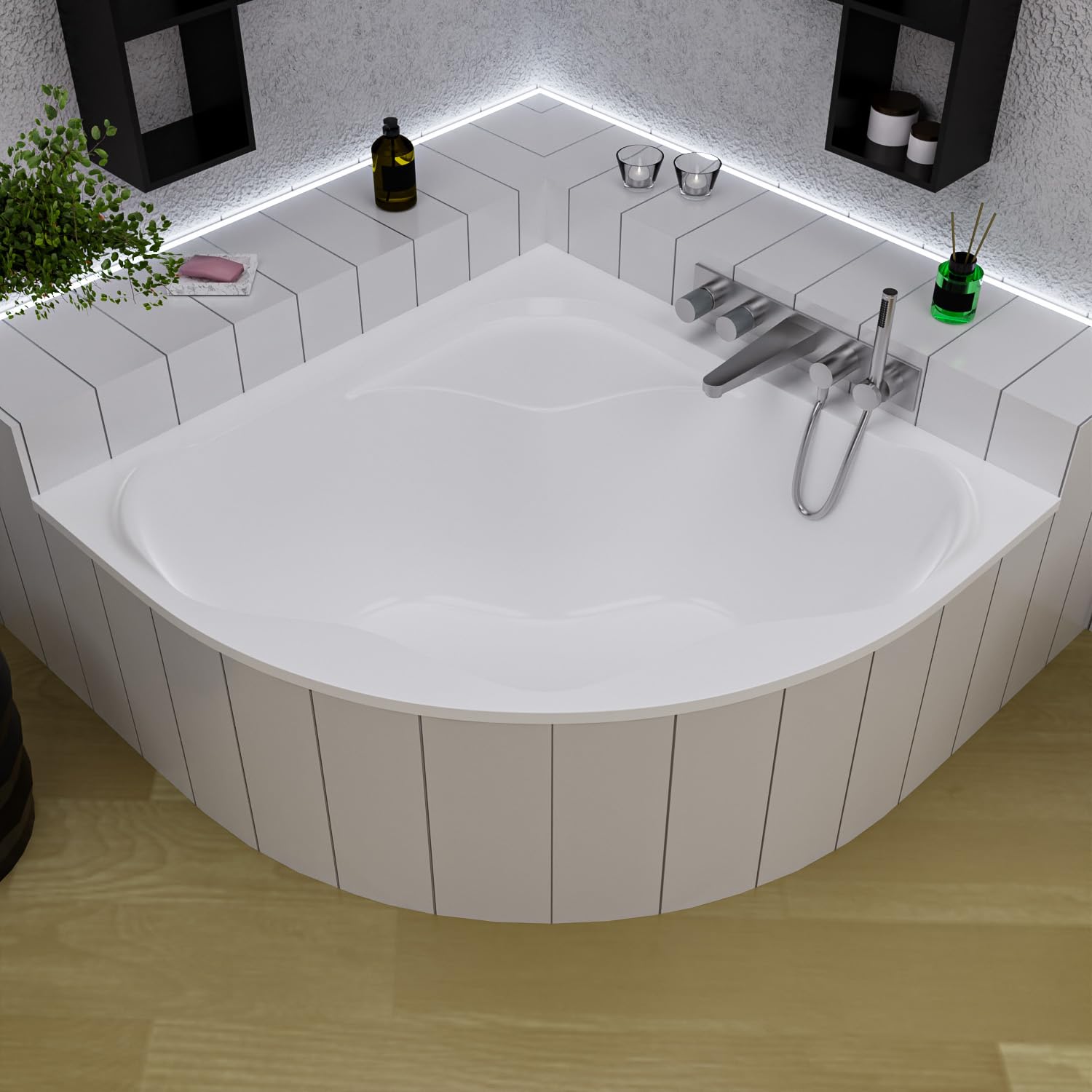 Wanna ECOLAM SELMA 150x150 cm + stelaż z możliwością obłożenia płytkami | Wanna narożna, wanna akrylowa, stelaż z polistyrenu do obłożenia płytkami | Symetryczny odpływ, biały akryl, komplet nóżek sil