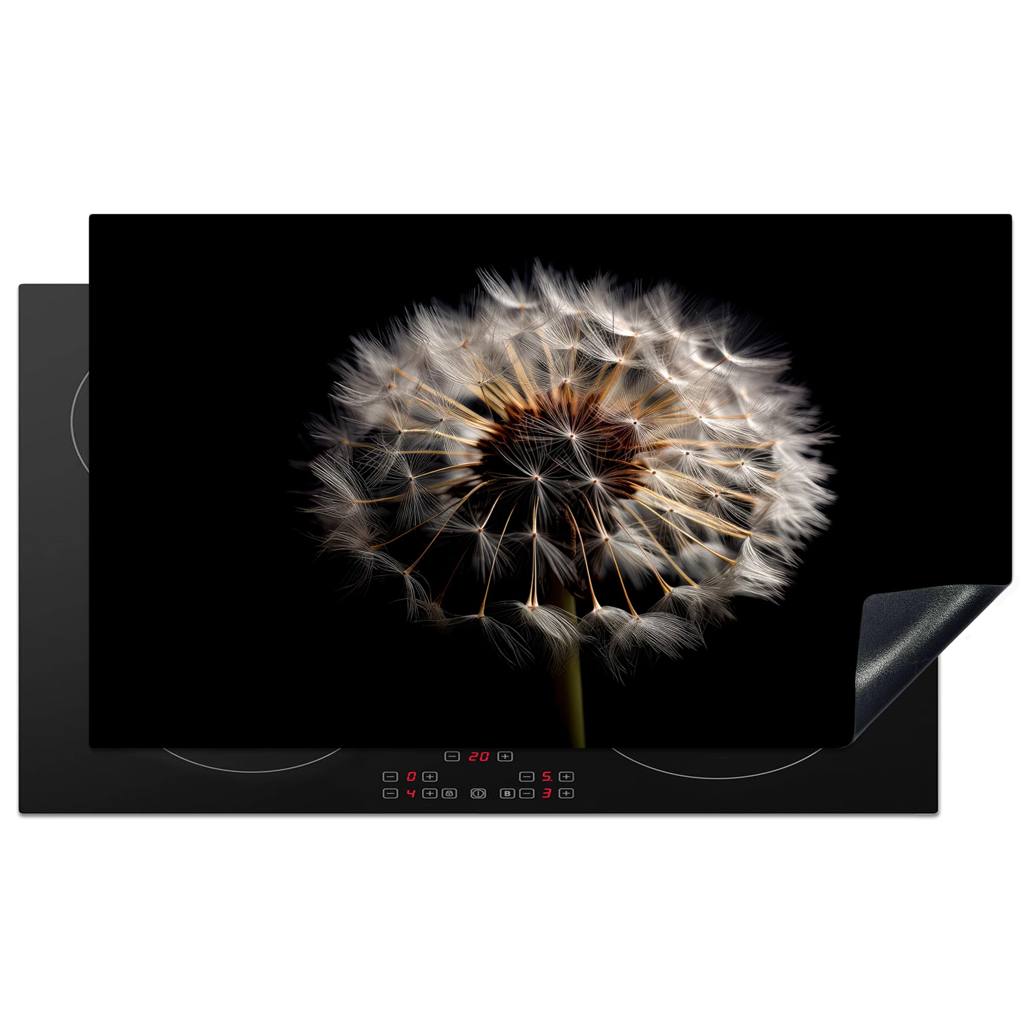 KitchenYeah© Induction Hob Protector Mat 20.5"x35.4" / 90x52 cm Cooker Top Protectors Cover Ceramic Covers Electric Hobs Vinyl Flowers - Nature - Dandelion - Black - Portrait — image 1