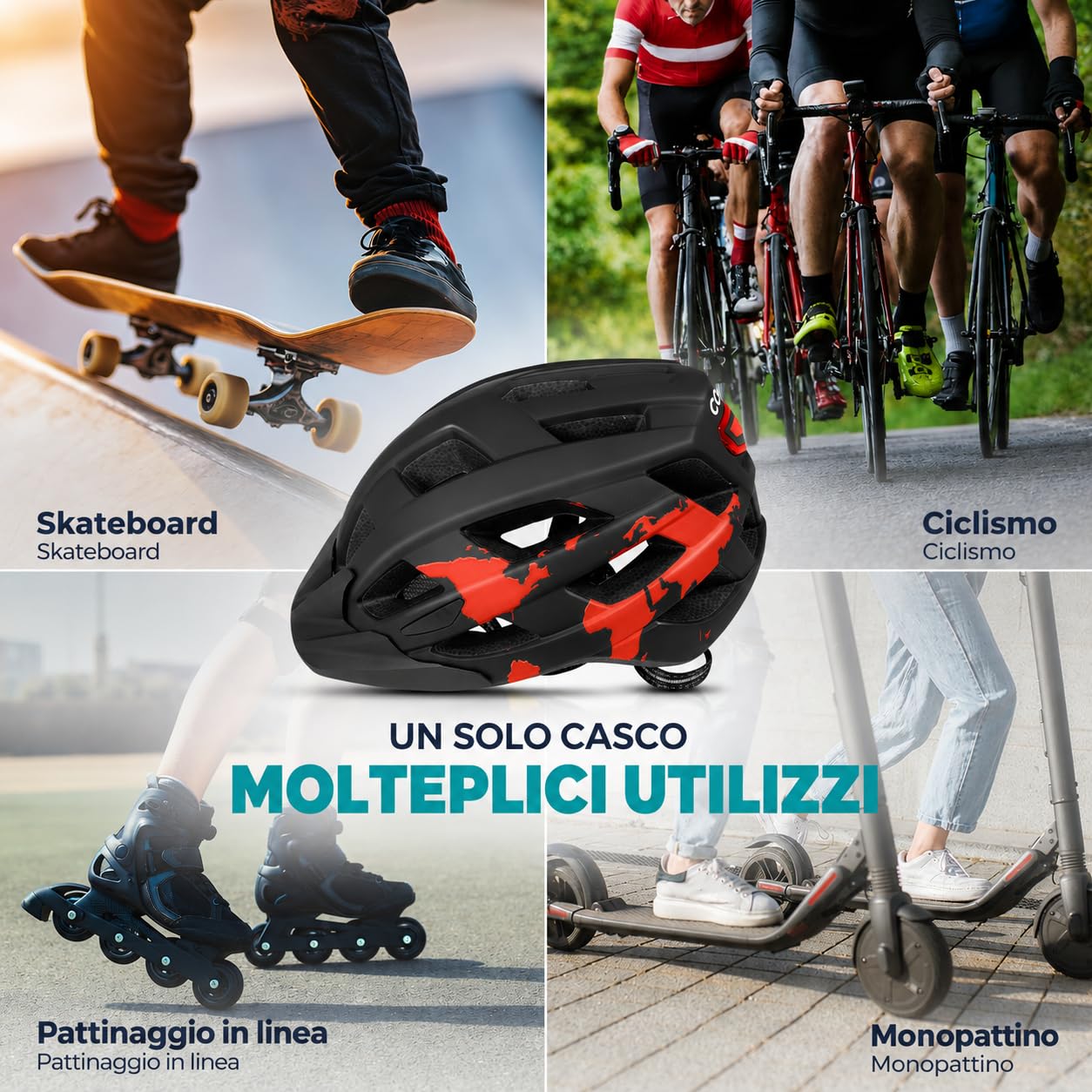 Casco da bici con luce LED ricaricabile tramite USB, leggero, ammortizzante e regolabile, per ragazzi e adulti, per mountain bike, strada e skate (54-58 cm)