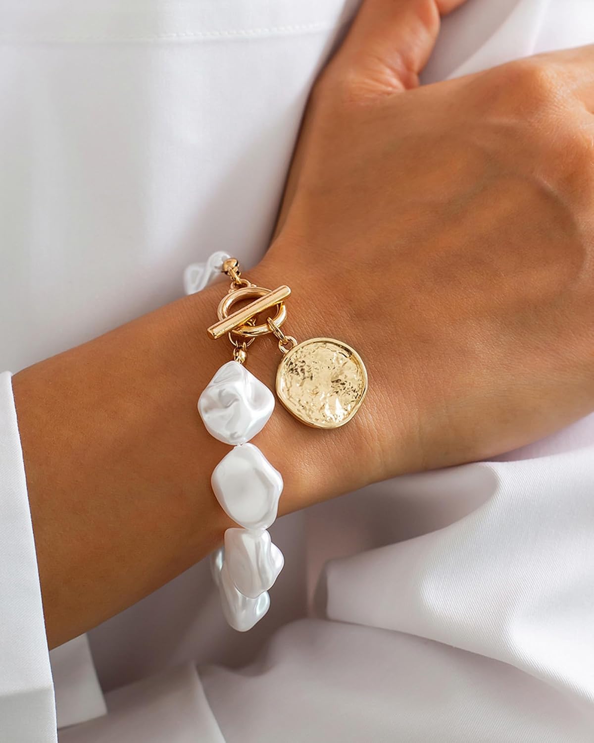 Gold Chunky Pearl Bracelets for Women Adjustable Large Baroque Pearl Bracelet Trendy 14k Gold Plated OT Buckle Pearls Bracelet Prom Party Jewelry Accessories Gifts for Her - Image 2