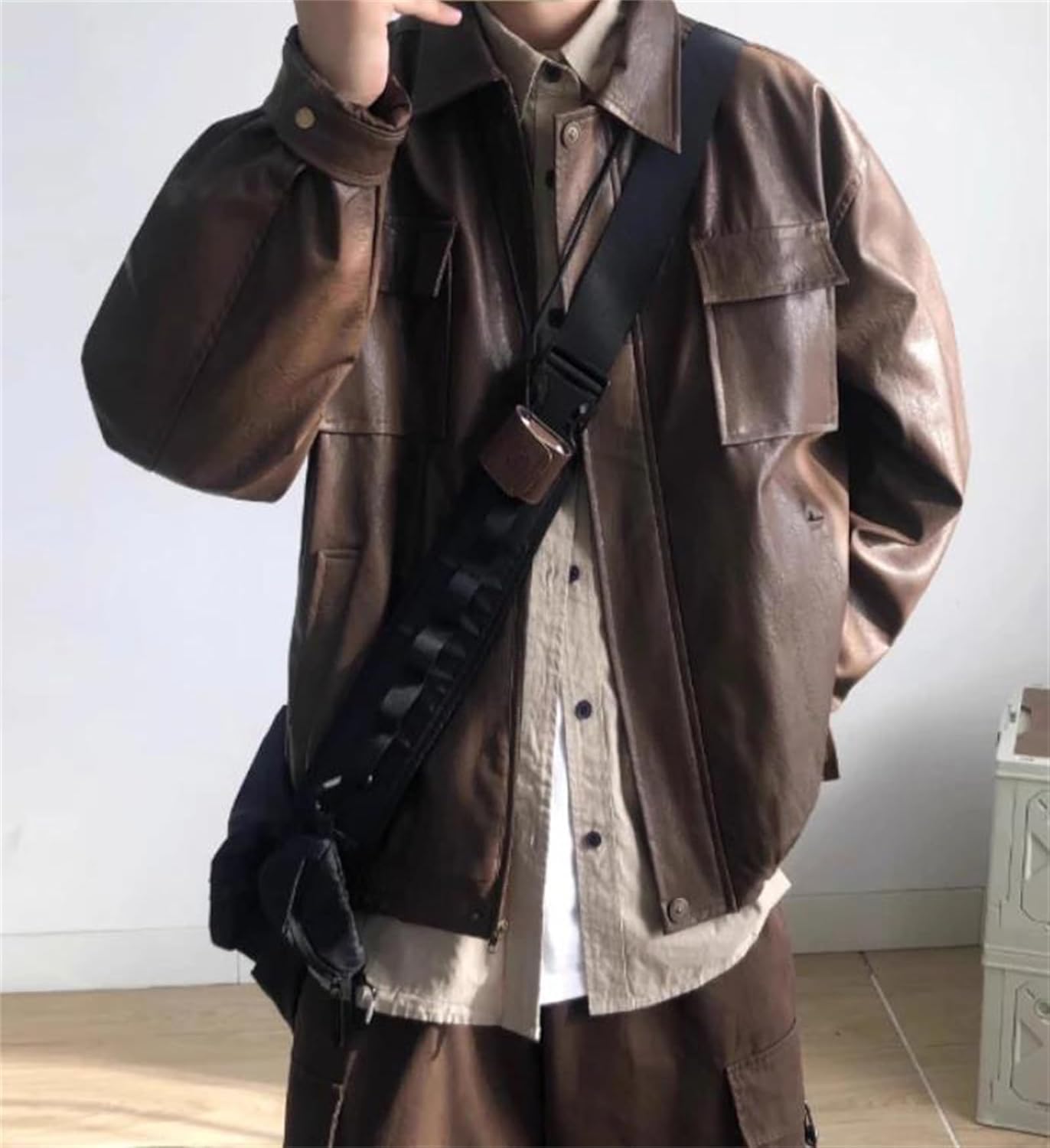 Men's Pu Leather Jacket Street Hip Hop Multi Pocket Coat Loose Short Outwear Zipper Front Faux Leather Jacket