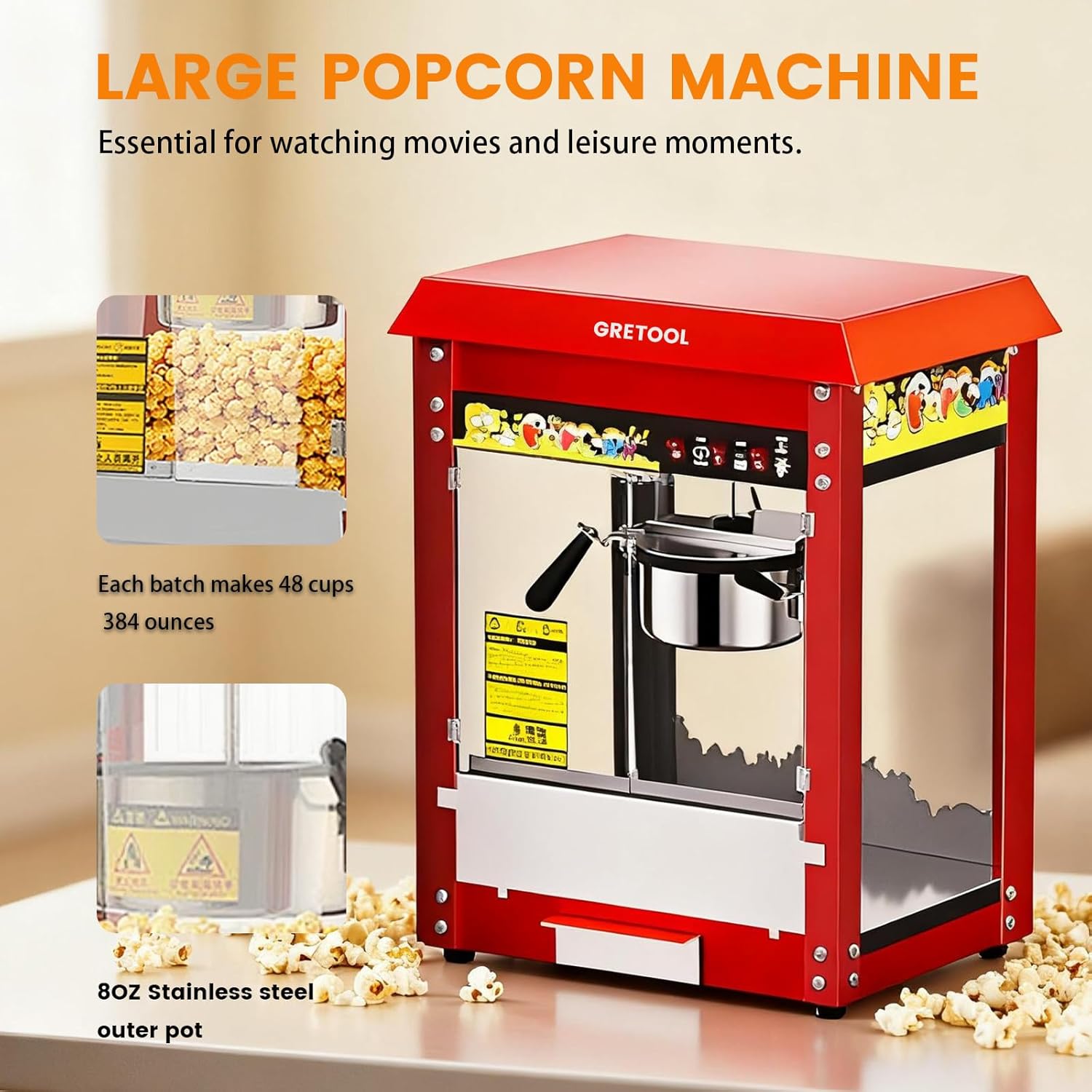 Commercial Popcorn Machine, 8 Ounce Kettle, 1400W, Theater Style, Family Style, With 3 Wwitch Controls, Steel Frame Tempered Glass Door, 1 Spoon, Red
