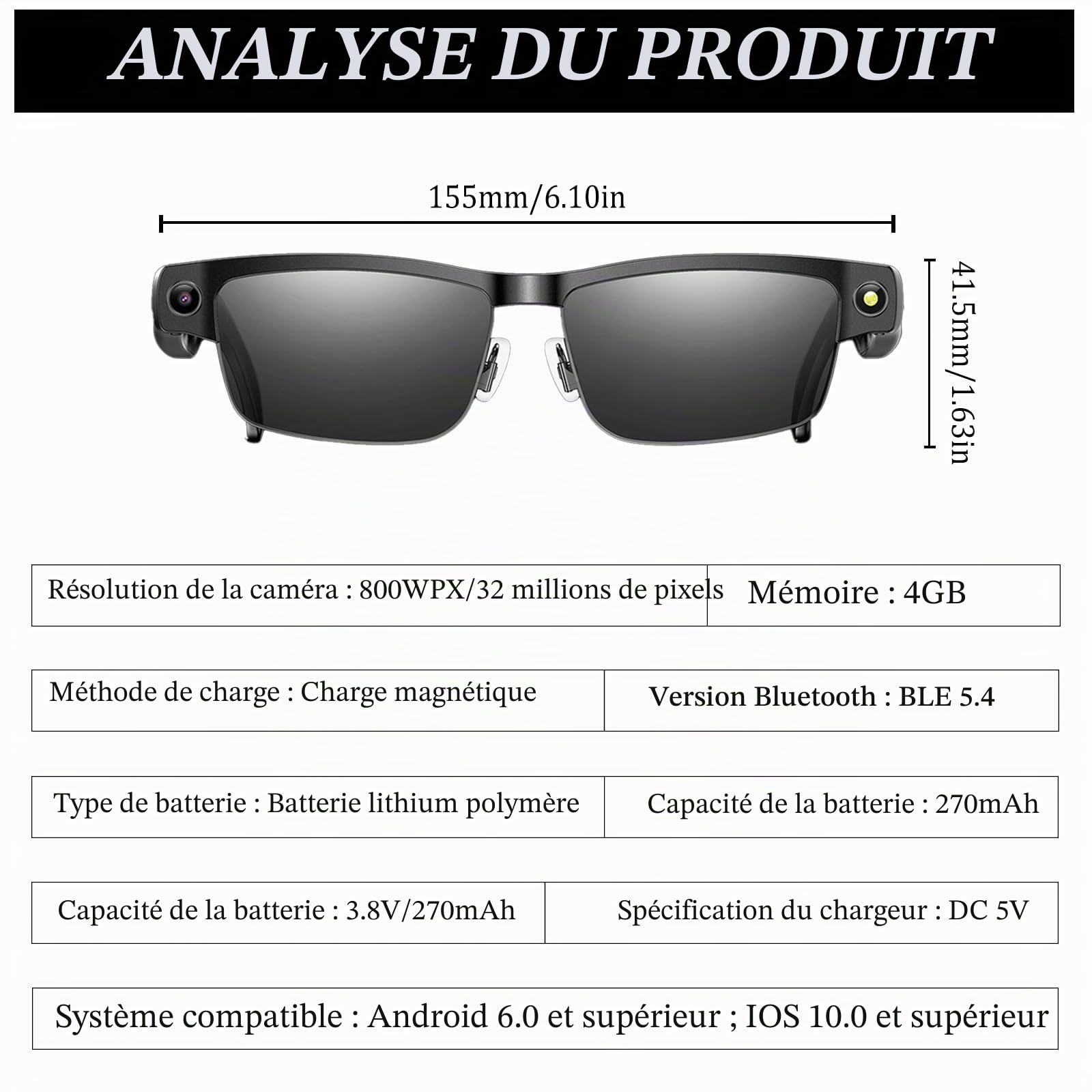 AI Smart Glasses Caméra HD 4K 800 W Lunettes anti-tremblement avec enregistrement vidéo, double microphones avec réduction du bruit, traduction simultanée, intégration ChatGPT (lentilles