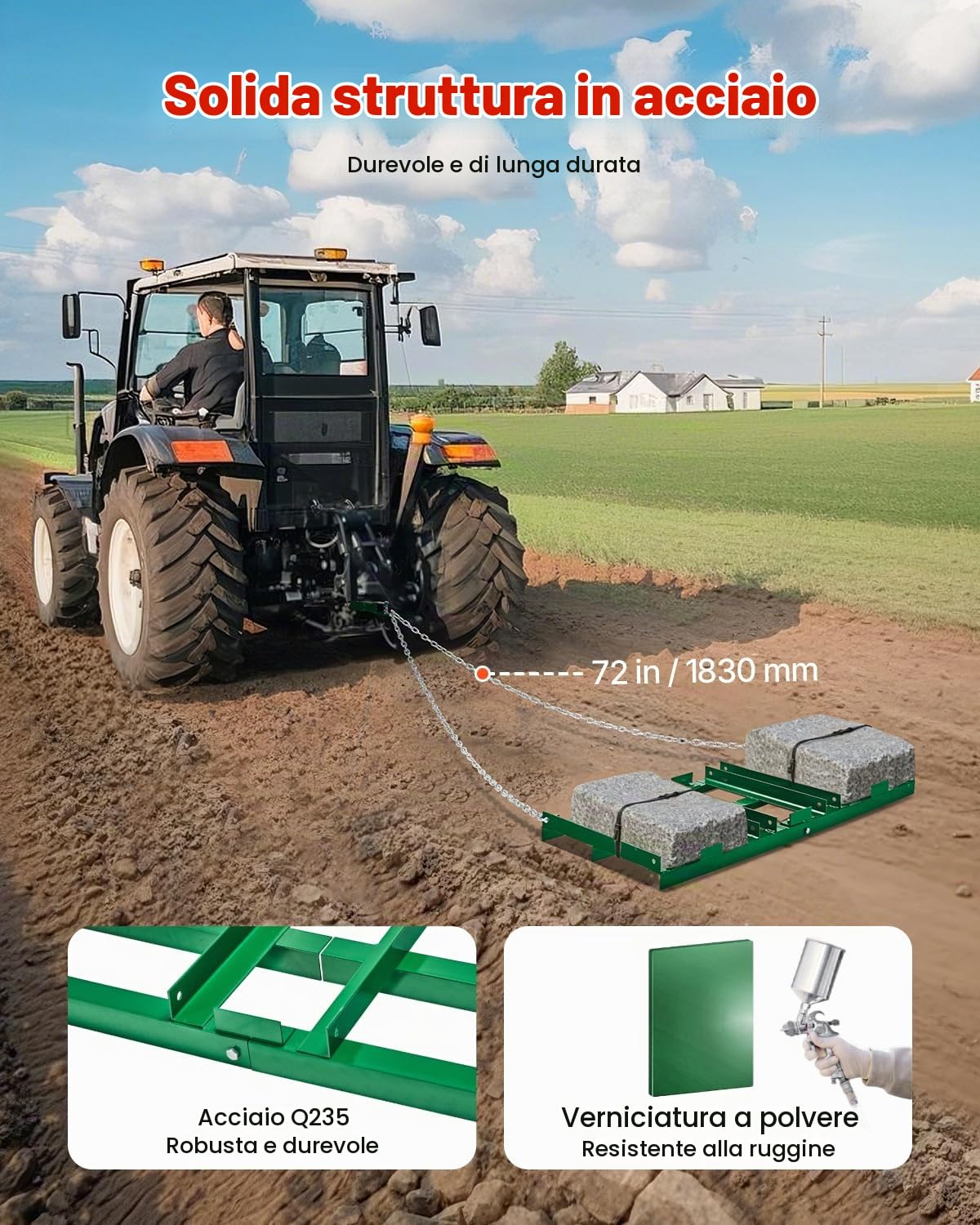 VEVOR Erpice Trainato da 1220 x 500 x 100 mm con Barre Regolabili e Catena 1830 mm, per ATV UTV Trattore, Tosaerba Trainato Dietro Lo Strumento di Livellamento del Prato del Cortile