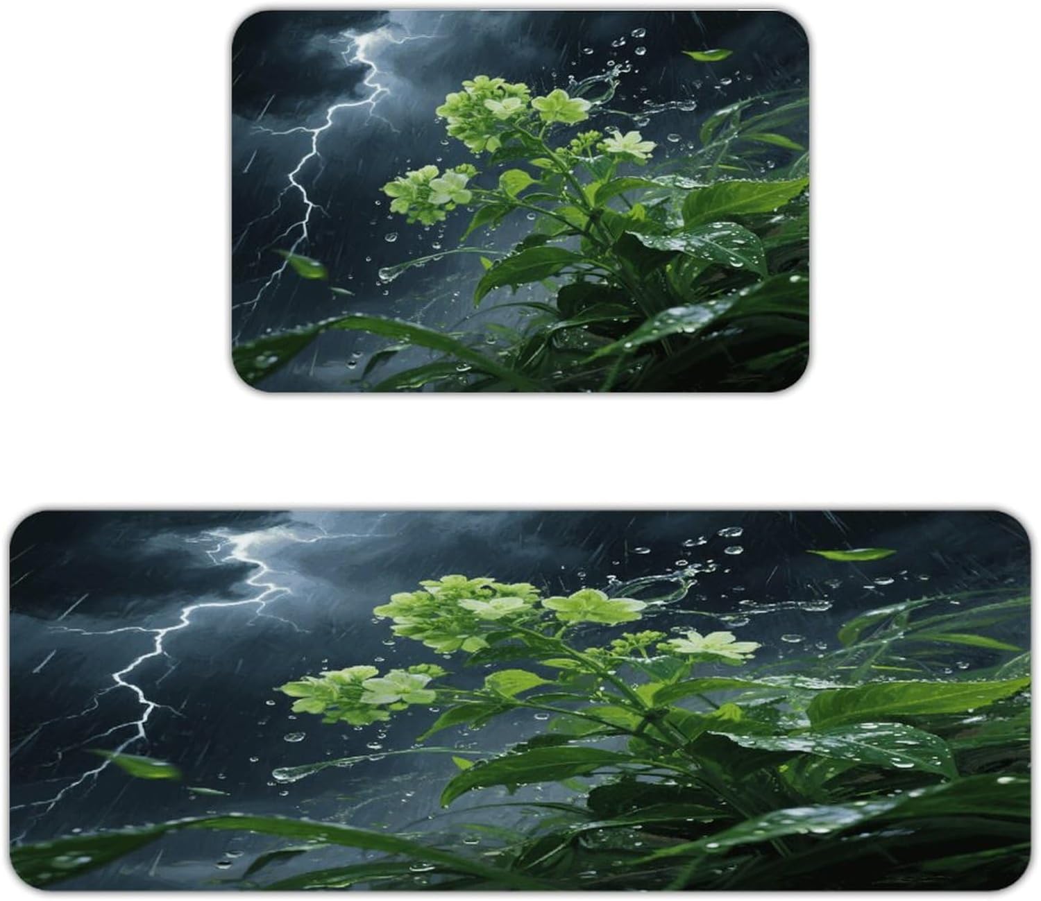 Green Floral Plant Kitchen Mat Set of 2 Ergonomic Comfort Velvet Rugs Cushioned Anti-Fatigue Non-Slip Standing Mats Thick Kitchen Floor Mat Carpet Runner Rugs 16"×24"+17"×47"