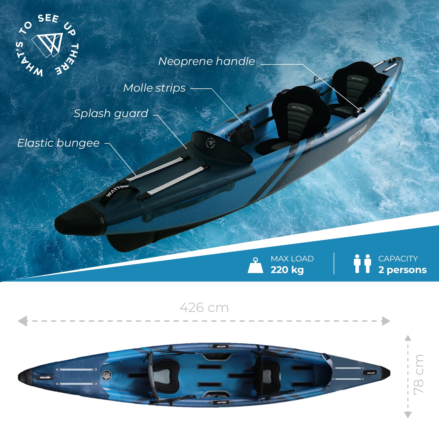 Kayak Inflable Wattsup Torpedo 2 plazas 426 x 78 cm Dropstitch Alta presión MAX 220 kg