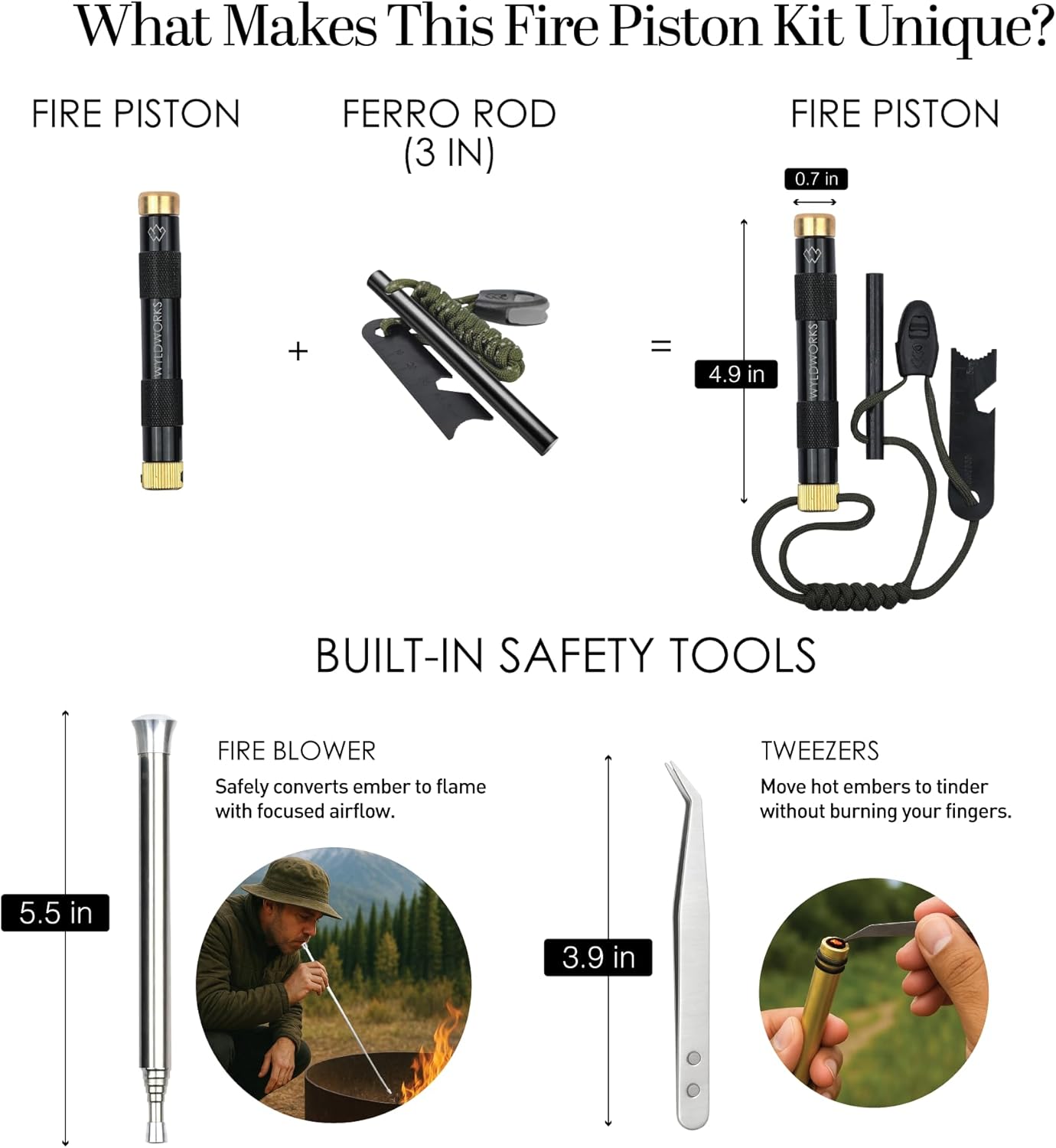 Fire Piston - Ferro Rod - 2 in 1 - Fire Piston Fire Starter Kit - Fire Starters for Campfires - Compression fire Starter Piston - Survival Tool - Camping Gifts for Men