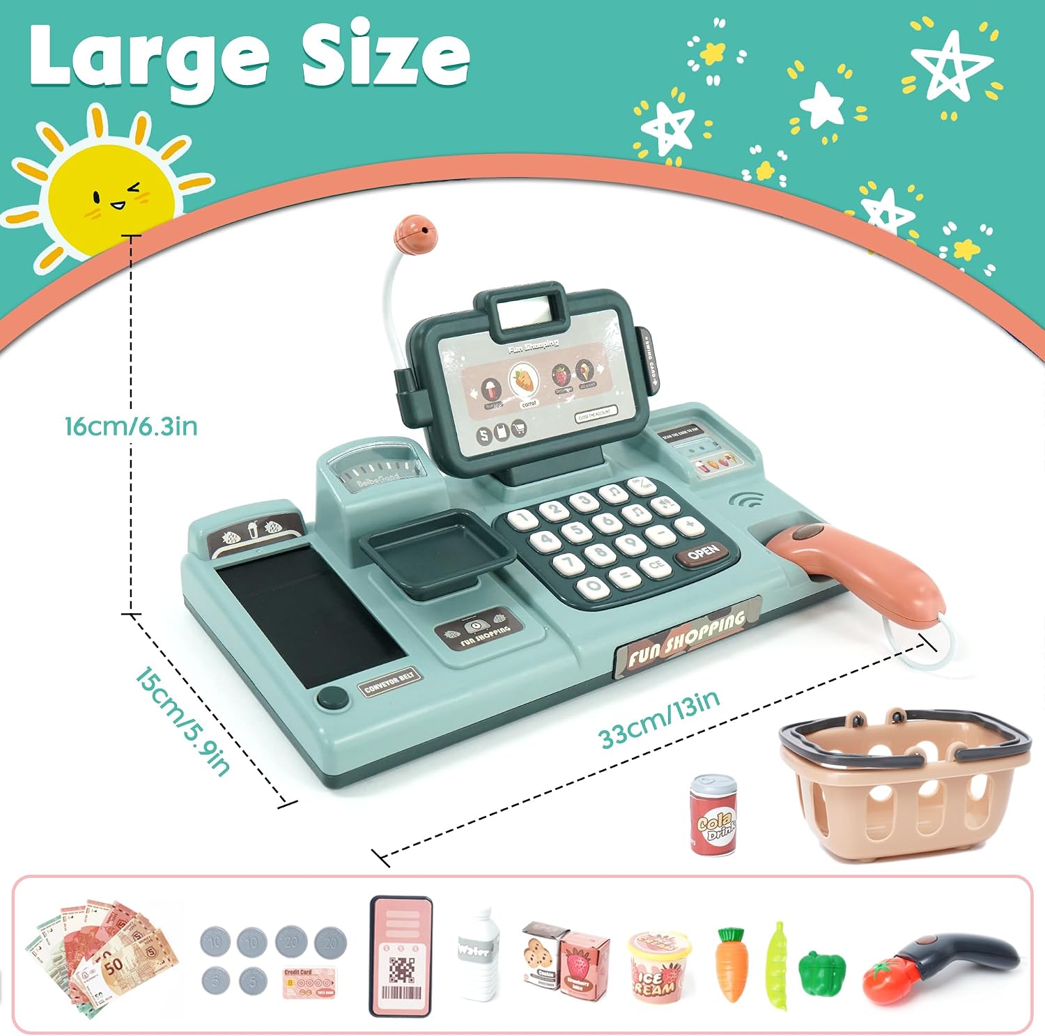 Kids Cash Register Toy with Sound Scanner - Pretend Play Shopping Set Include Food, Shopping Basket, Play Money & Credit Card, Ideal Gift for Boys Girls Ages 3-8