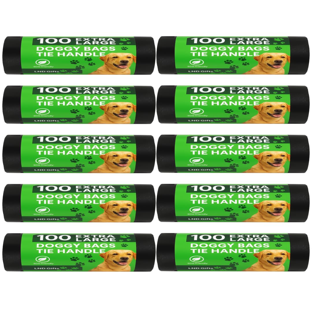 Lnd Gifts Black Dog Poo Bags 1000 X Extra Large Dog Poo Bags, Xl With Tie Handles, 30Cm X 36Cm, Poop Rolls For Convenient Clean Up