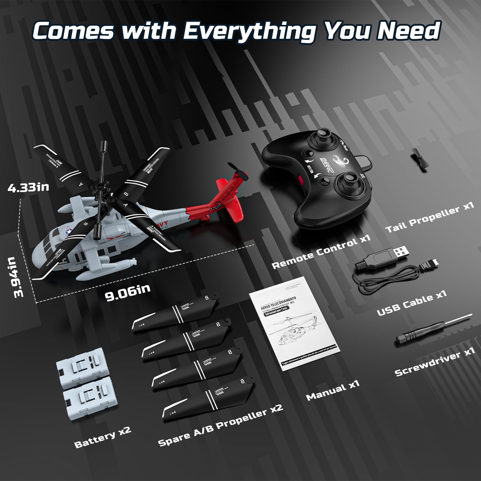 DEERC - Helicóptero teledirigido 2,4 GHz, 2 baterías incluidas, 26 minutos de vuelo, fácil despegue, iluminación LED, mantenimiento de altitud, juguete interior para niños y adultos