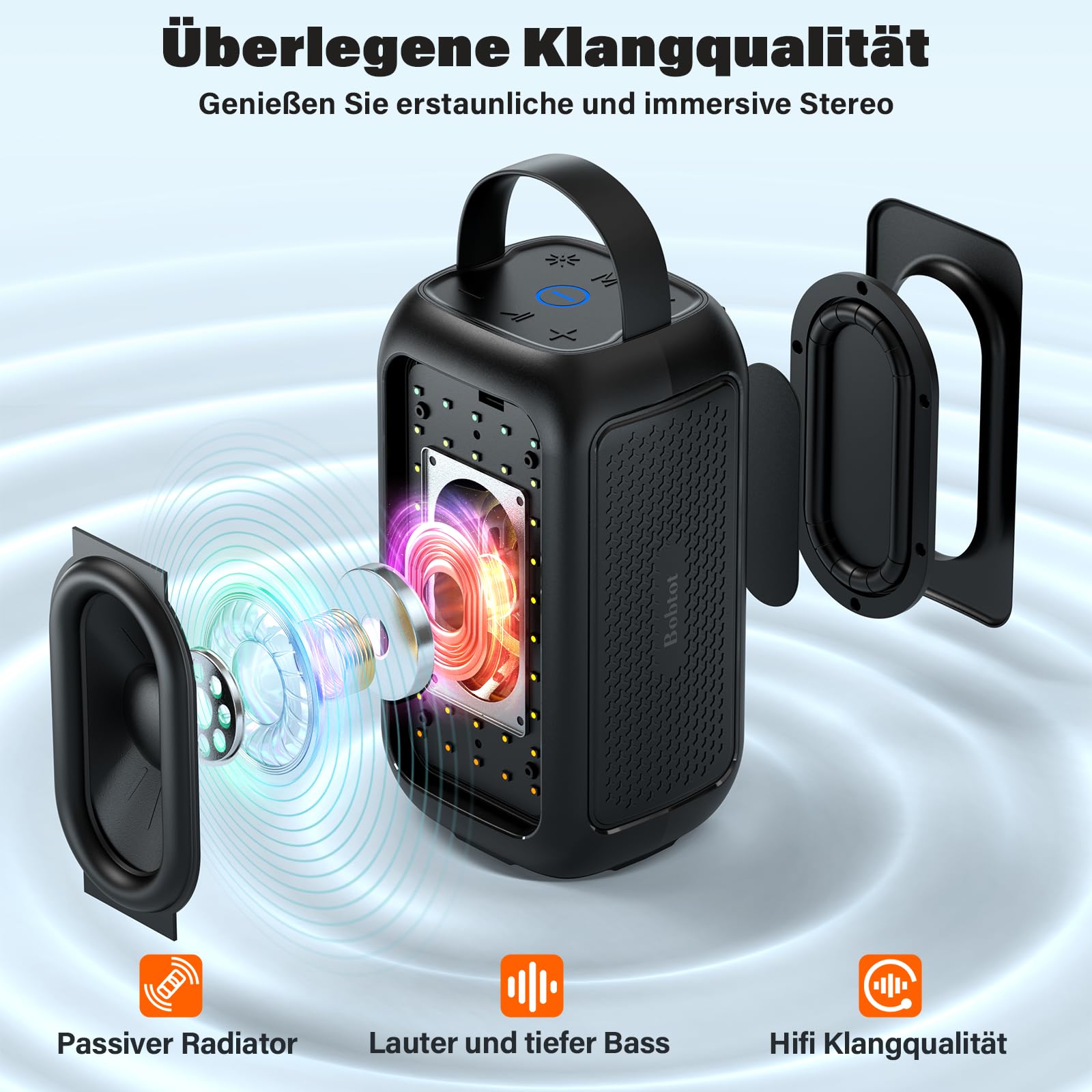 Bobtot Tragbarer Bluetooth Lautsprecher Mit 1 Kabellos Mikrofon, Schwarz | 16 Stunden Wiedergabezeit, Kleiner Karaoke Maschine, Gesangsmaschine