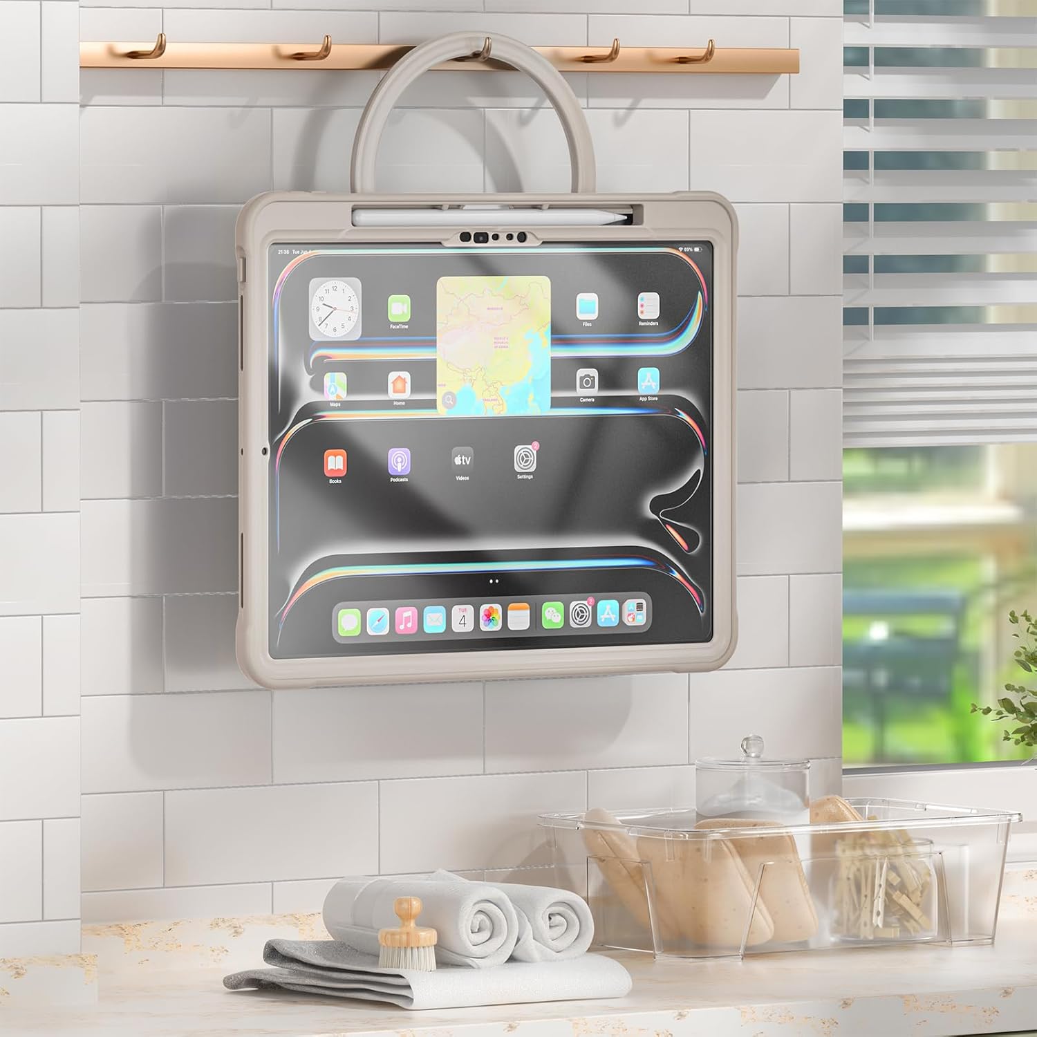 Batianda iPad Pro 13 inch Case 2024 M4 Chip Lightweight Dual-Layer Protective Tablet Cover, Durable Shock-Absorbing Corners with 360° Rotating Retractable Kickstand Ring Built-in Pen Slot, Khaki