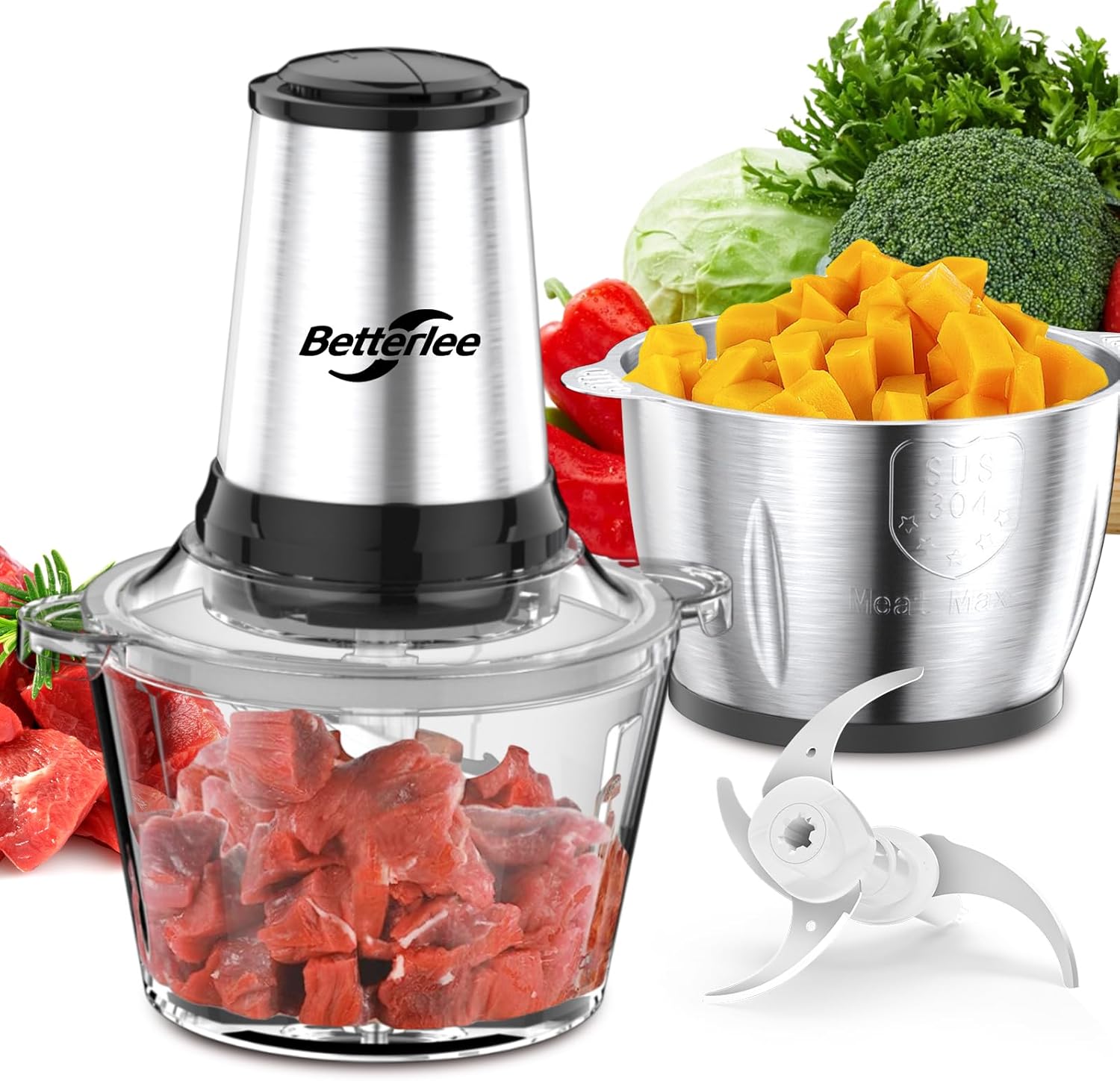 Betterlee Food Processor, Electric Meat Grinder with Two 8 Cups Bowls, Food Chopper with 1 Bi-Level Blades, 2 Speed Onion Chopper for Meats, Garlic, Baby Food, Sliver