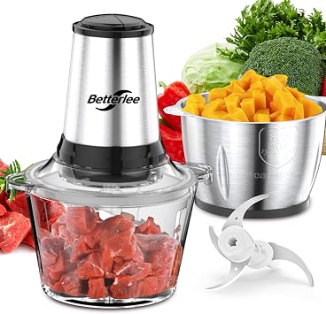 Betterlee Food Processor, Electric Meat Grinder with Two 8 Cups Bowls, Food Chopper with 1 Bi-Level Blades, 2 Speed Onion Chopper for Meats, Garlic, Baby Food, Sliver