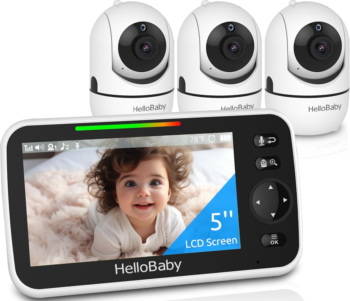 HelloBaby 5" Screen Baby Monitor with 3 Cameras - No WiFi HB6550 Video Baby Monitor, 1000ft Long Range, ECO, 26 Hour Battery, Pan-Tilt-Zoom Night Vision, Temperature Sensor & 2-Way Audio, 8 Lullabies