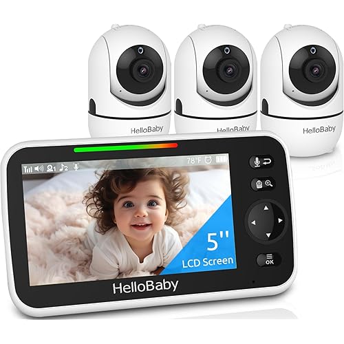 HelloBaby 5" Screen Baby Monitor with 3 Cameras - No WiFi HB6550 Video Baby Monitor, 1000ft Long Range, ECO, 26 Hour Battery, Pan-Tilt-Zoom Night Vision, Temperature Sensor & 2-Way Audio, 8 Lullabies