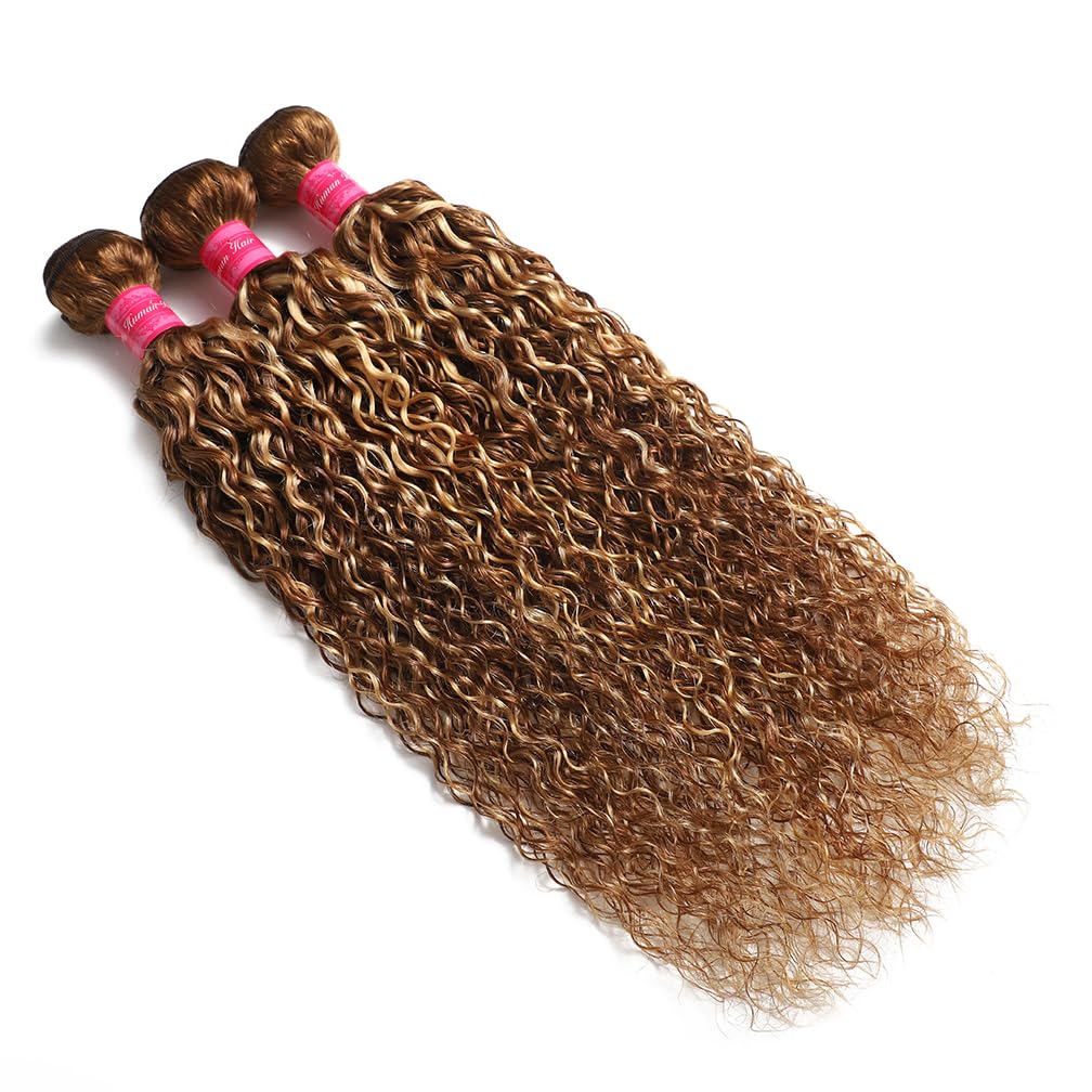 Borchan Highlight Bundles Human Hair Honey Blonde Bundles Water Wave 100% Brazilian Virgin Remy Hair Ombre 4/27 Colored Human Hair for Women 16 18 20 Inches Sew In Weave