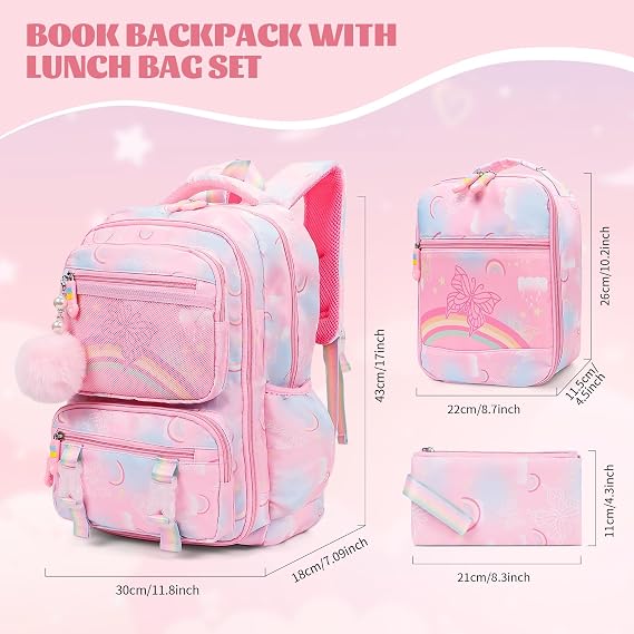 Butterfly Rainbow Backpack Cute, Large Capacity Kids' School Bag with Lunch Box, Multifunctional Stylish Laptop Travel Backpack for Boys and Girls (Pink-17inch)