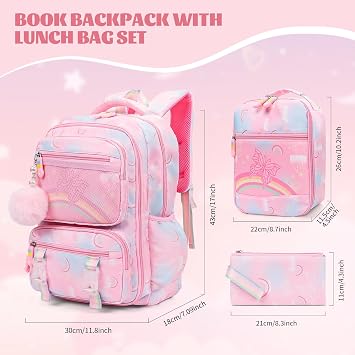Butterfly Rainbow Backpack Cute, Large Capacity Kids' School Bag with Lunch Box, Multifunctional Stylish Laptop Travel Backpack for Boys and Girls (Pink-17inch)