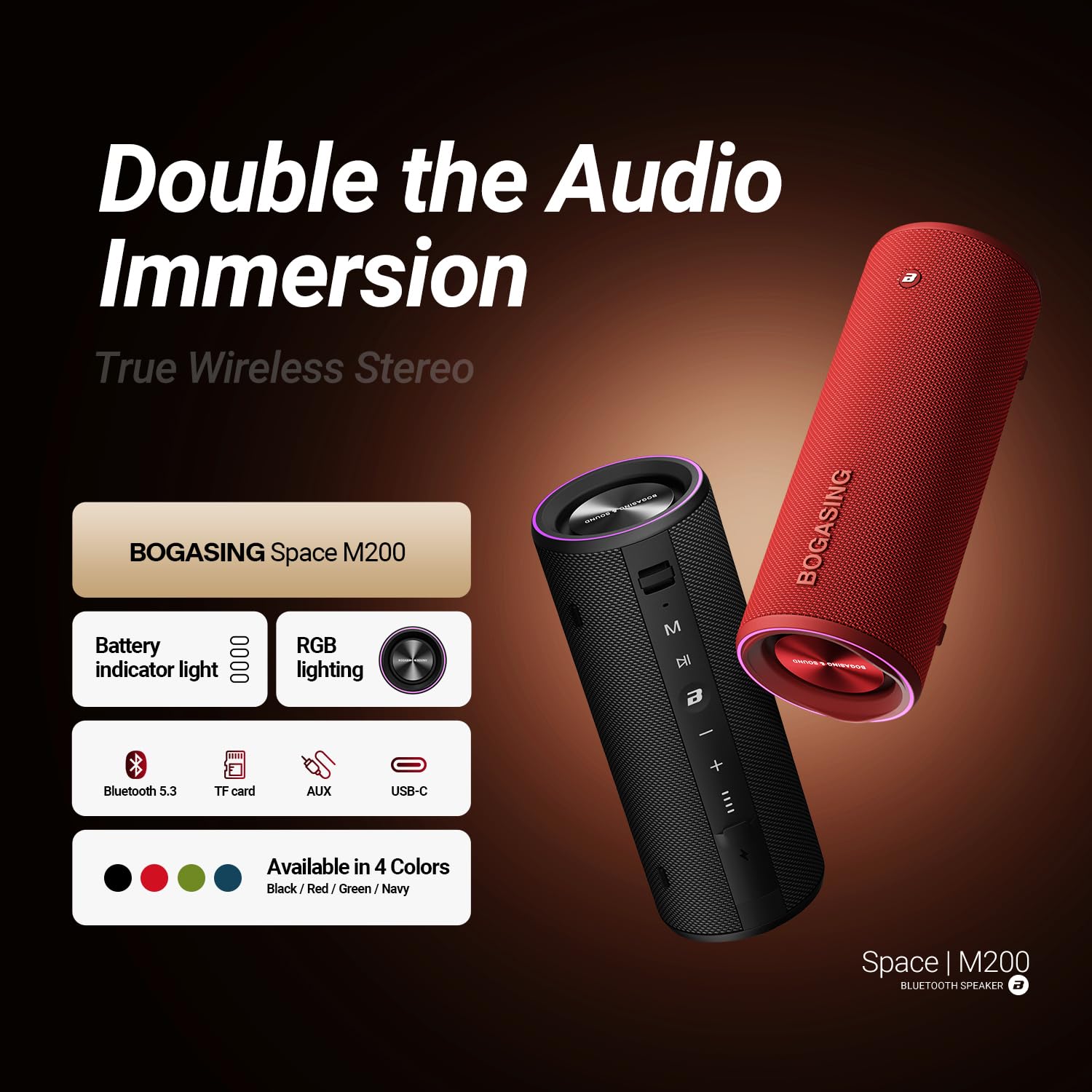 BOGASING Space M200 Cassa Bluetooth Portatile con Suono Dinamico da 50W | Luci RGB, Suono Potente & Bassi Incisivi, IP67, 24H, Altoparlante Bluetooth 5.3, EQ, TF-Card, AUX, Riproduzione Audio USB-C