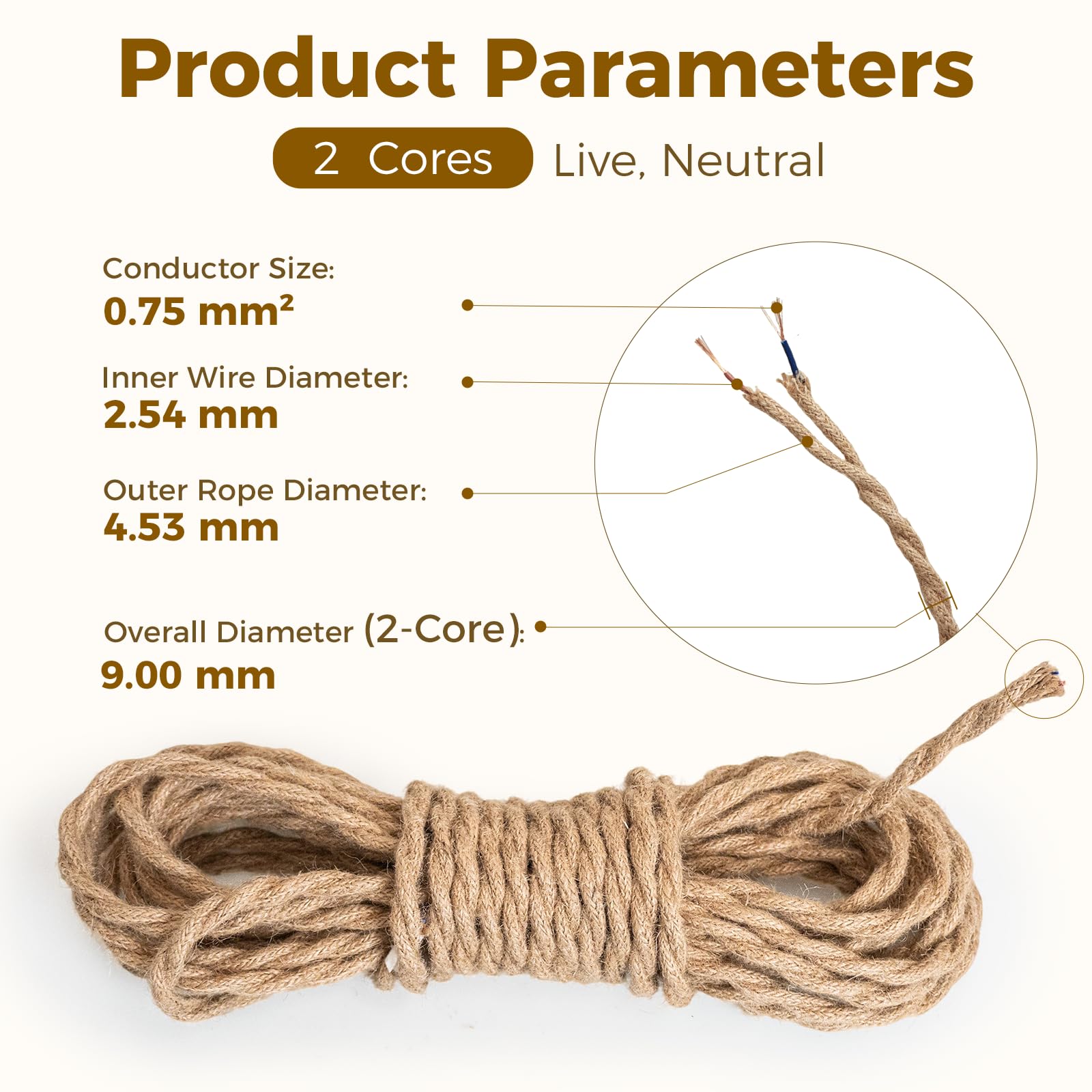 DiCUNO 30 metrów kabli tekstylnych w stylu vintage z lnu, 2 przewody 0,75 mm² retro kabel zasilający z elastycznej tkaniny, przemysłowa pleciona lina do zawieszenia i projektów DIY