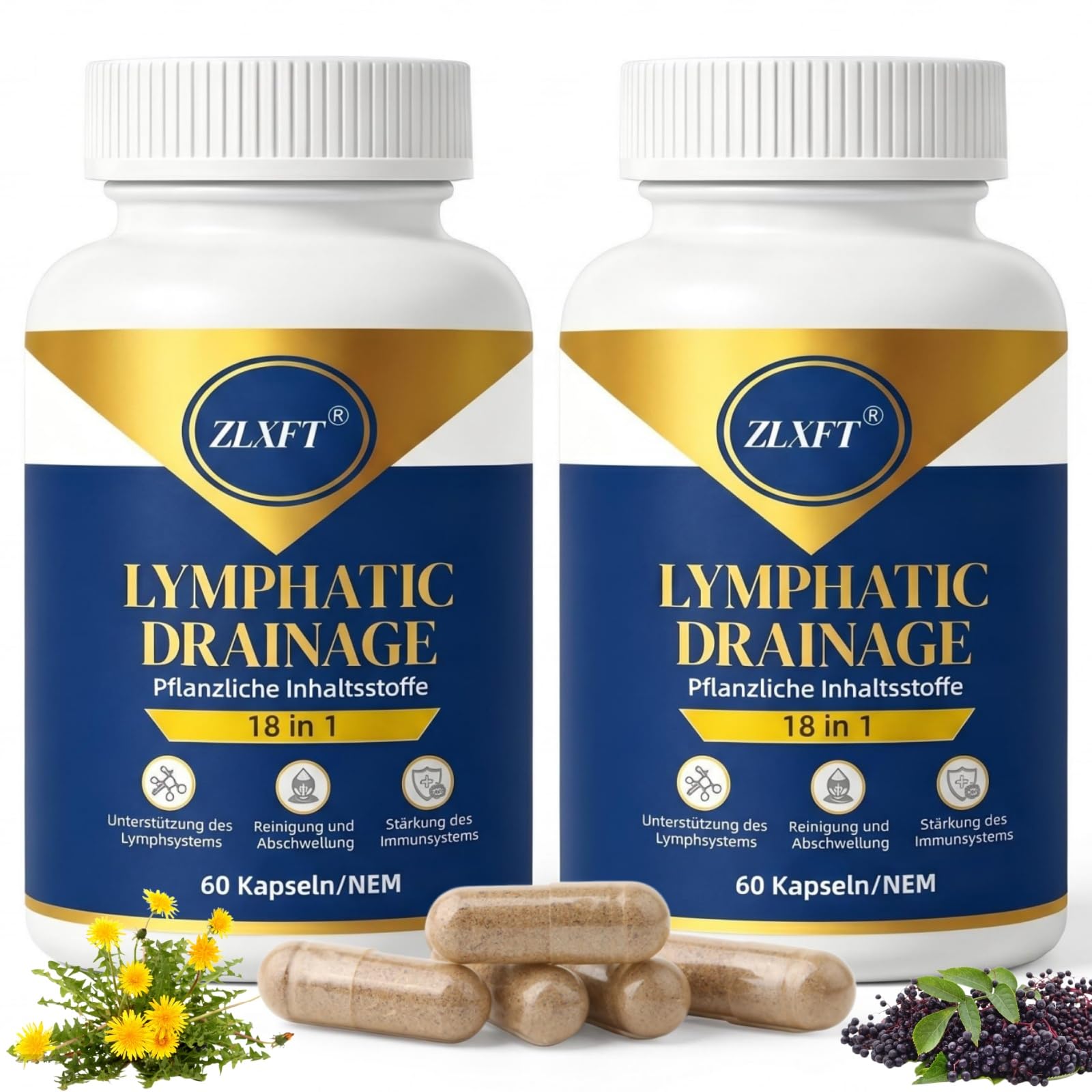 Ödeme & Lymphdrainage Komplex,2pcs Lymphdrainage Kapseln,Komplex mit Löwenzahn,Vegane Kräuterformel,Klettenwurzel & Bromelain,Lymphatisches System & Immunsystem Support,120 Kapseln
