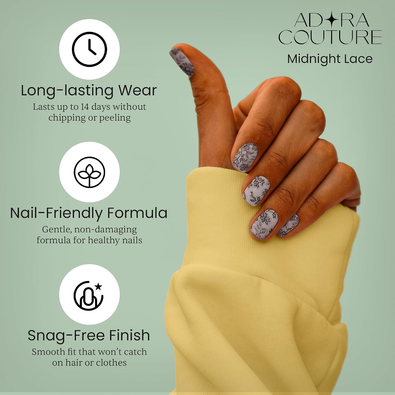 Adora Couture Semi Cured Gel Nail Strips with 20 Pieces - UV Gel Stickers, Manicure Kit, Easy Application Wraps Includes Prep Pads, Nail File, Wooden Stick - UV Light Required (Midnight Lace)