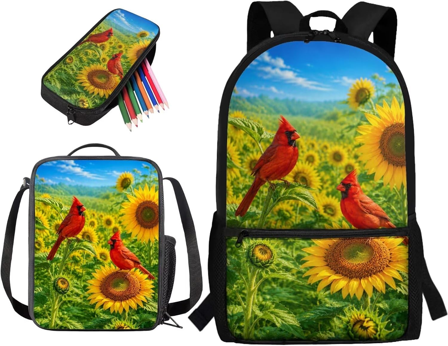 Highland Cow Printed Backpack Set with Lunch Bag, Sunflower American Flag Printed School Bag for Primary Middle with Pencil Case, Large Bookbag for Kids Toddler Boys Girls Teens