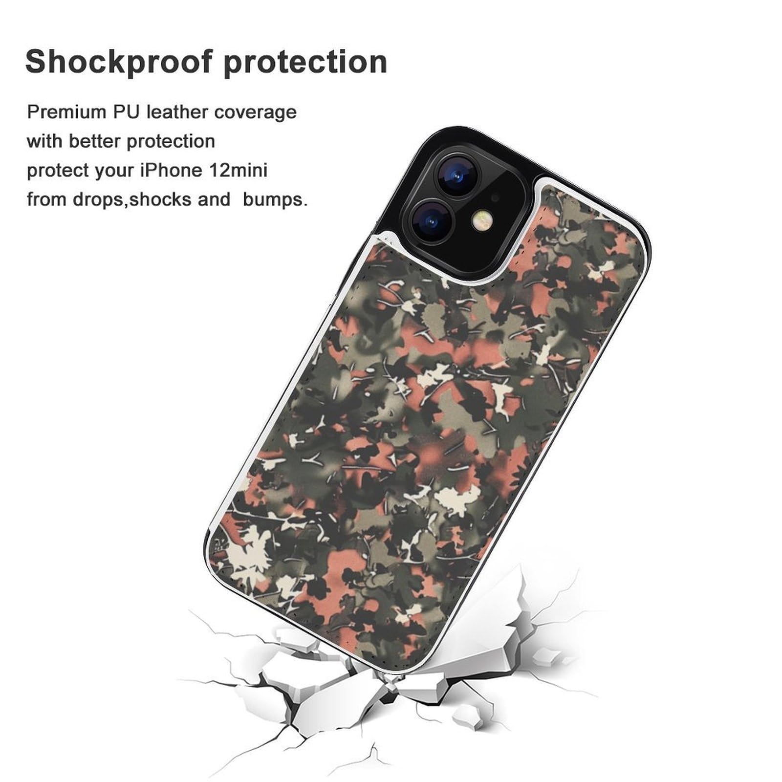 Funda tipo cartera para iPhone 12 Mini, diseño de camuflaje, de piel, con ranuras para tarjetas