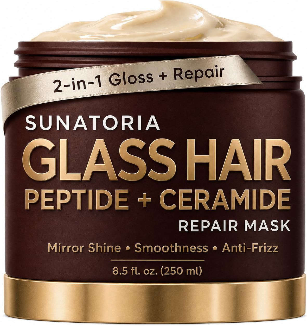 SUNATORIA Glass Hair Mask โ Peptide + Ceramide Repair Treatment, 8.5 fl oz | Keratin, silk protein, argan oil conditioner for mirror shine, anti-frizz & 5-minute bond repair.