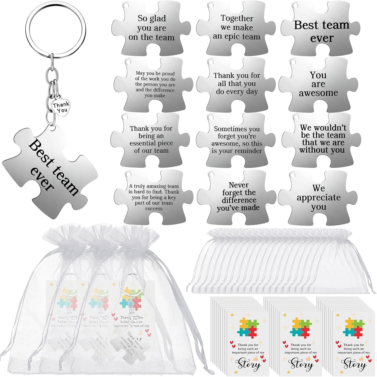 Tondiamo 12/24/36 Set Metal Team Appreciation Gift for Employee Staff Bulk Thank You Team Puzzle Piece Keychain with Card Bag