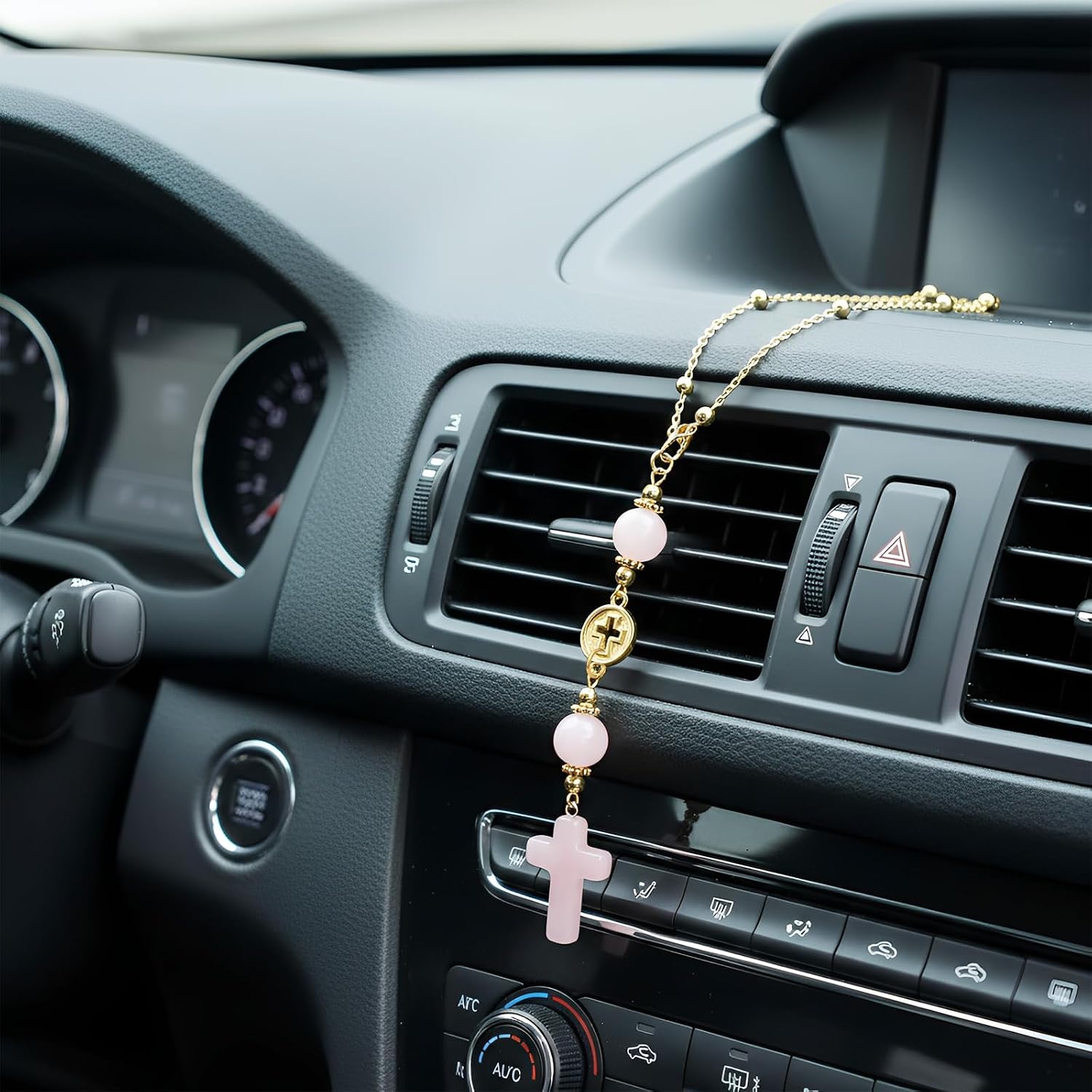 Crystal Cross Car Charm for Rearview Mirror, Car Mirror Hanging Accessories, Christian Cross Car Decor Ornament, Cute Car Charm for Women Drivers Mom (Rose Quartz)