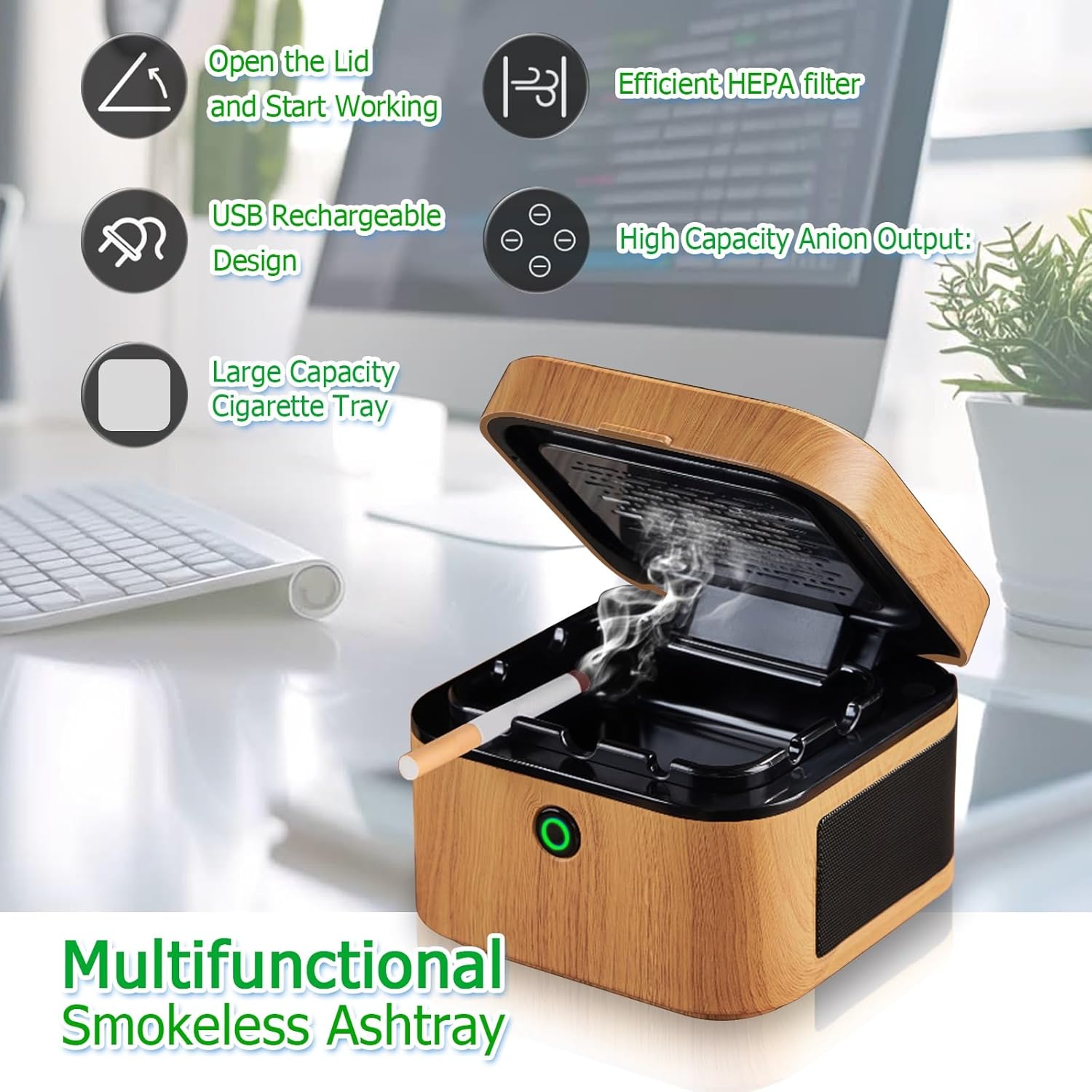 Multifunctional Smokeless Ashtray with HEPA Filter,Portable Rechargeable Ashtray for Office Home Room Car (Brown)