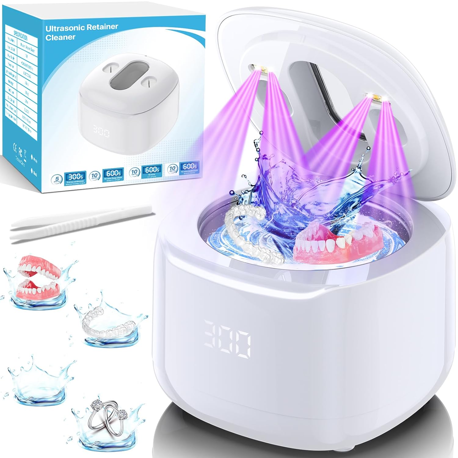 Ultrasonic Retainer Cleaner Machine, 49KHz 220ML Dental Cleaning Pod with Digital Timer, Deep Cleaning Ultrasonic Dentures Cleaner for Night Guards, Braces, Aligner, Toothbrush, Jewelry white