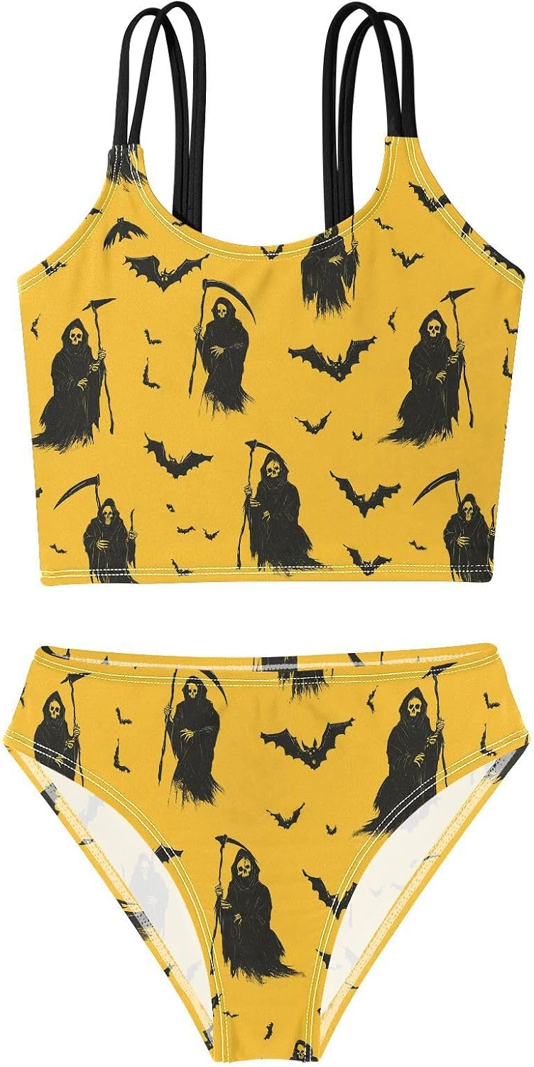 visesunny Girls Two Piece Swimsuits Yellow Death Bat Girl's Bikini Sets Bathing Suits for Girls Size 5-12Y