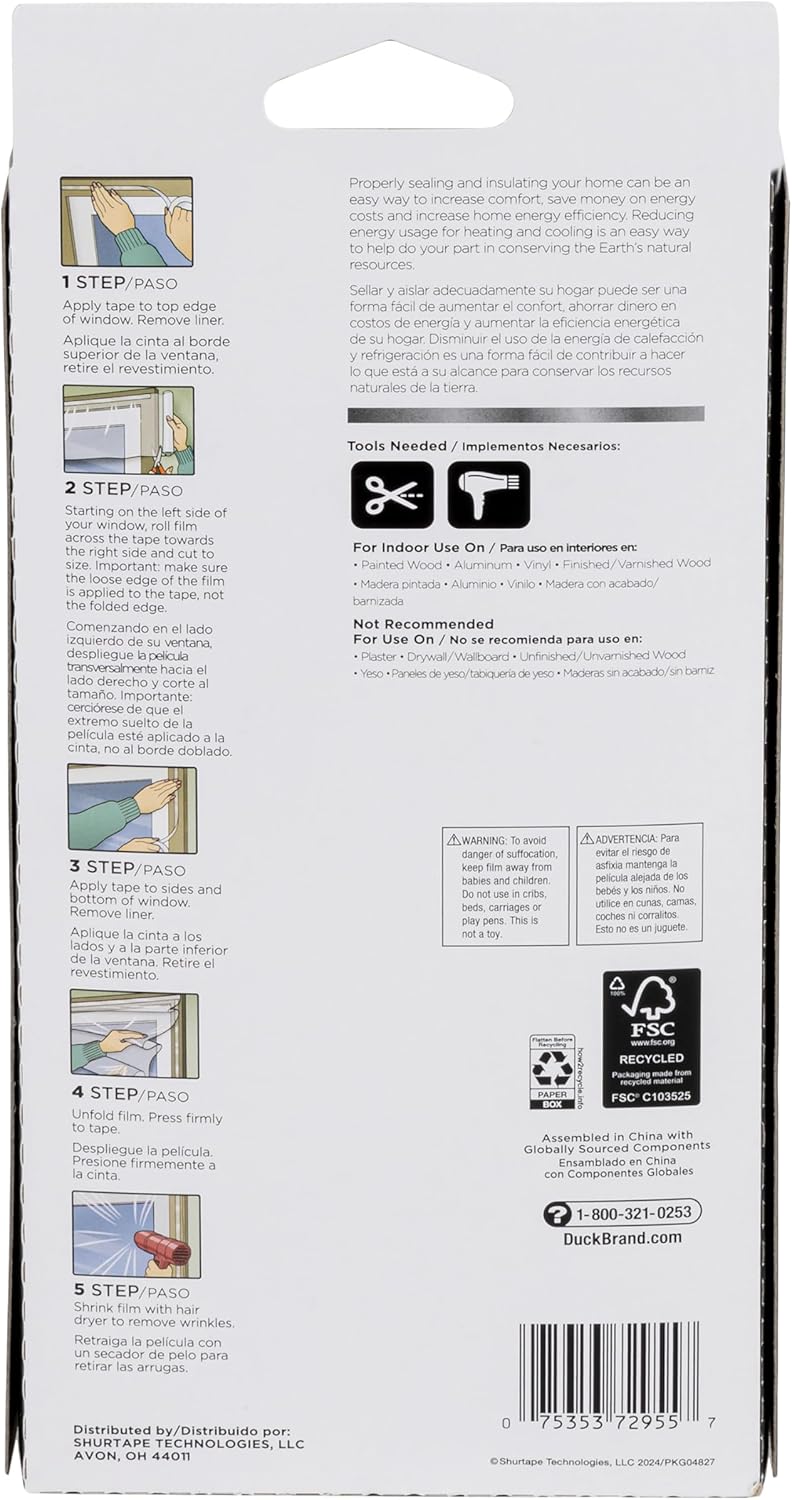 Duck MAX Strength Window Insulation Kit, Fits Patio Doors & Large Windows, Heavy Duty Indoor Shrink Film Insulator, Window Seal Tape Included, 84" x 120", Clear, 2 Pack
