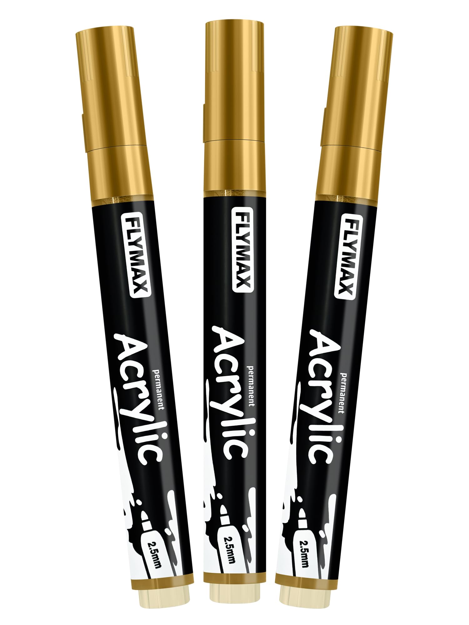 FLYMAX Rotulador Acrilico Dorado 2,5 mm – Marcador Permanente Pintura Acrílica Dorado, Indeleble, Punta fina, Impermeables, De secado rápido (Paquete de 3)