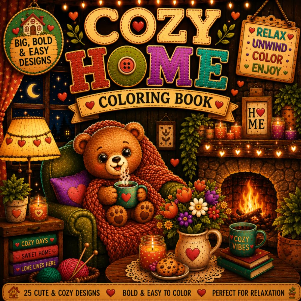 Cozy Home Coloring Book: Big Bold & Easy Designs for Relaxation and Stress Relief
