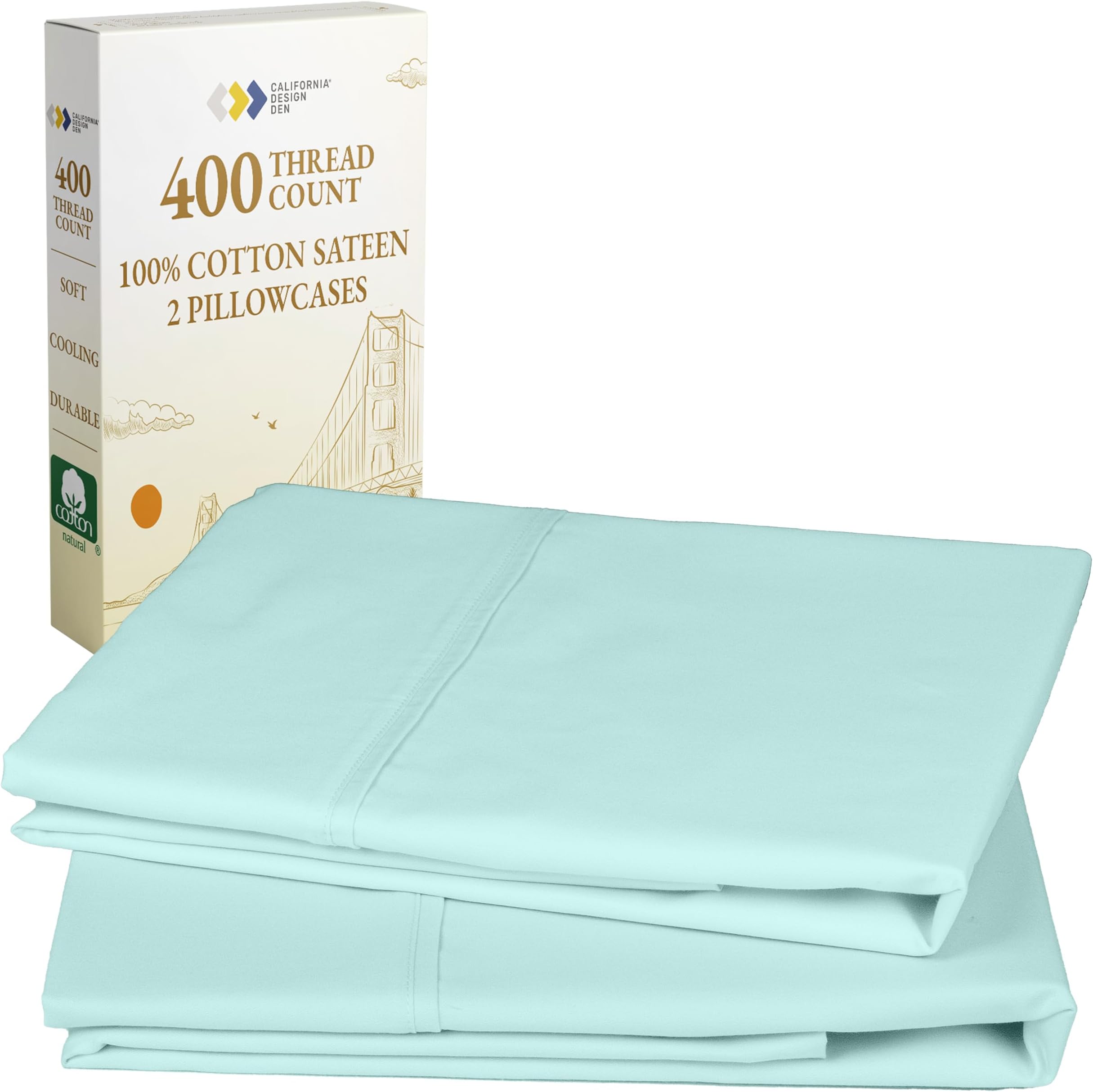 California Design Den 400 Thread Count 100% Cotton Pillowcases, Seafoam King Pillowcase Set of 2, Long - Staple Combed Pure Natural Cotton Pillow Cases, Soft & Silky Sateen Weave