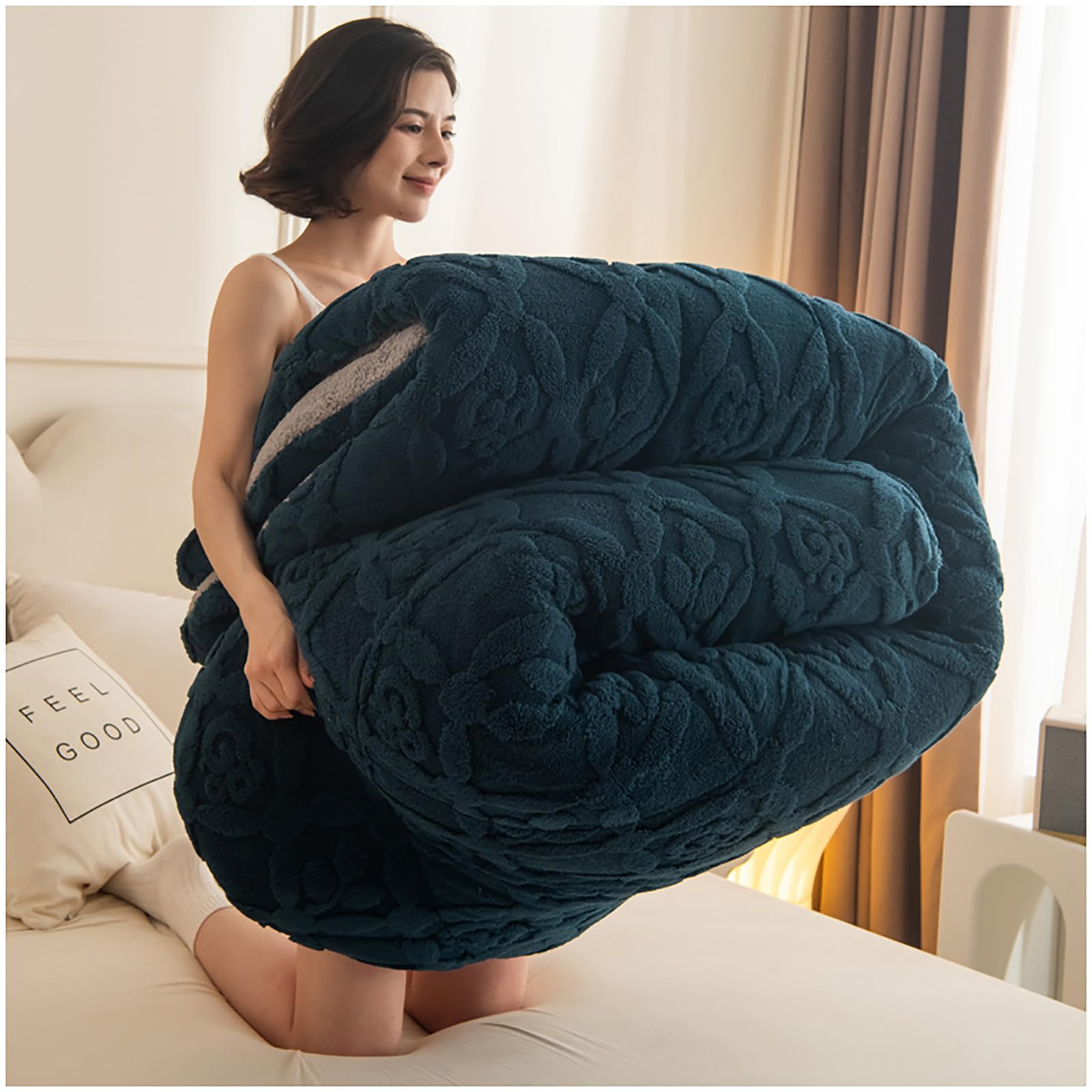 ZTGL Warm Thickened Lambswool Comforter, Winter Insulation Quilt Double Sided Fluffy Plush Lamb Fleece Blanket, Queen Size Sherpa Jacquard Comforter Core,Green A,180x220m(3.5kg)