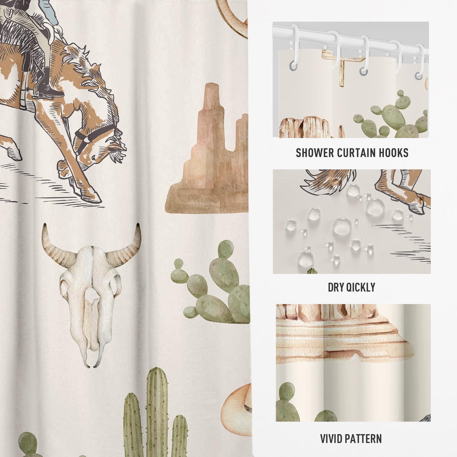 Western Cowboy Shower Curtain Extra Long XL Large Southwestern Southwest Horse Cactus Desert Aztec Vintage Farmhouse Country 72x84 Inch Fabric Polyester Cloth Washable Bathroom Decor 12 Hooks