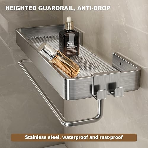 Miniatura 5 de VOLPONE Estantes de baño de acero inoxidable para montar en la pared, estante flotante de 2 niveles con ganchos extraíbles (níquel cepillado)