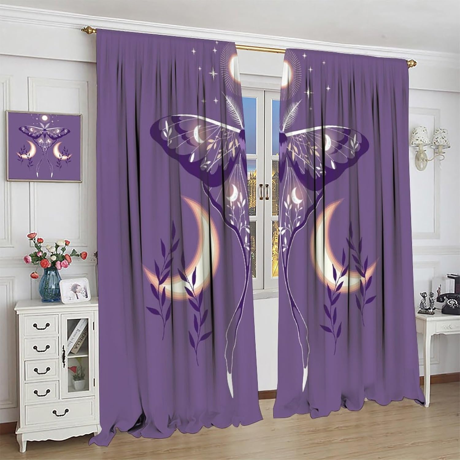 Moth Curtains Purple Sun Moon Star Plant Pattern Blackout Print Rod Pocket Window Drapes for Bedroom Living Room 42x45in