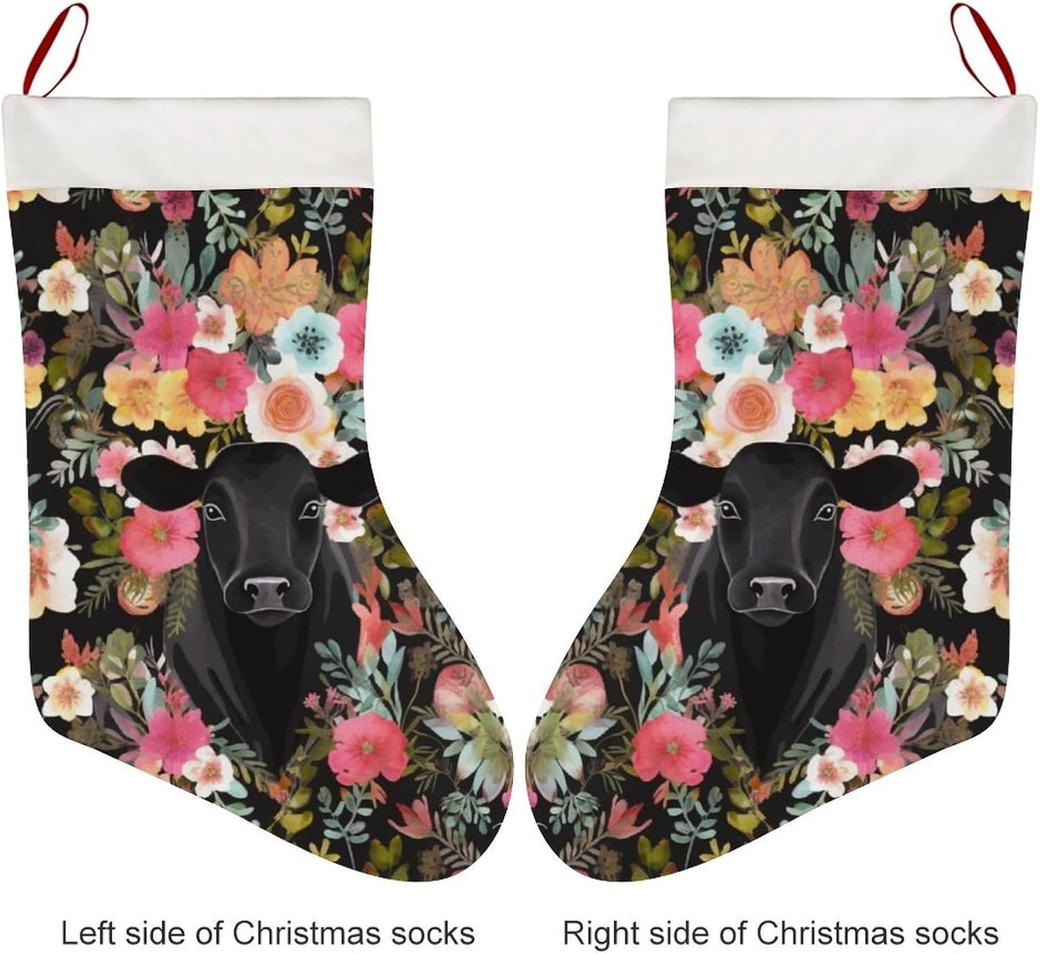 Christmas Stockings - Steer Floral Large Xmas Socks, Soft Plush Fireplace Stocking with Hanging Loop, Santa Holiday Decor for Family Party Christmas Tree Decorations image 3