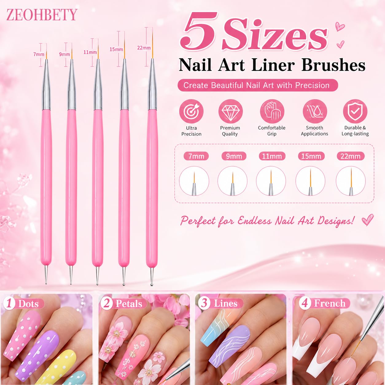 Pennelli per nail art, 5 pennelli per nail art, strumenti per punteggiare, set di pennelli per disegno artistico per linee lunghe, dettagli sottili, dimensioni 7/9/11/15/22 mm, rosa