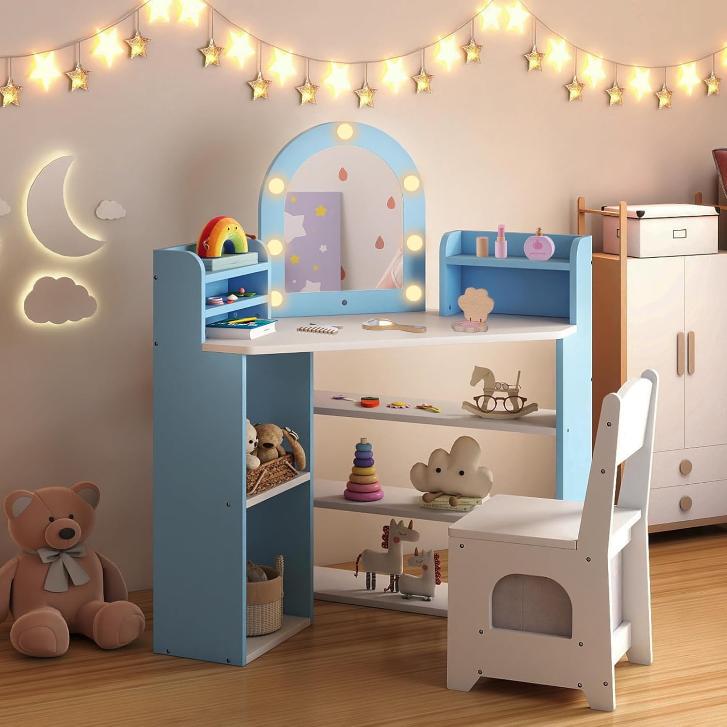 HONEY JOY Corner Kids Vanity with Lights, Wooden Princess Makeup Dressing Vanity Desk with Open Storage Shelves, 2 in 1 Toddler Vanity Table & Chair Set with Lighted Mirror for Little Girls(Blue)