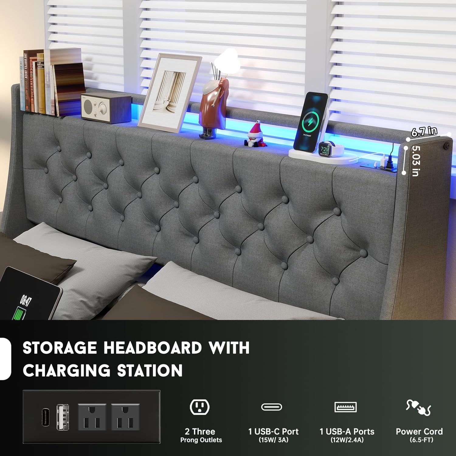 Headboard with charging station and LED lights